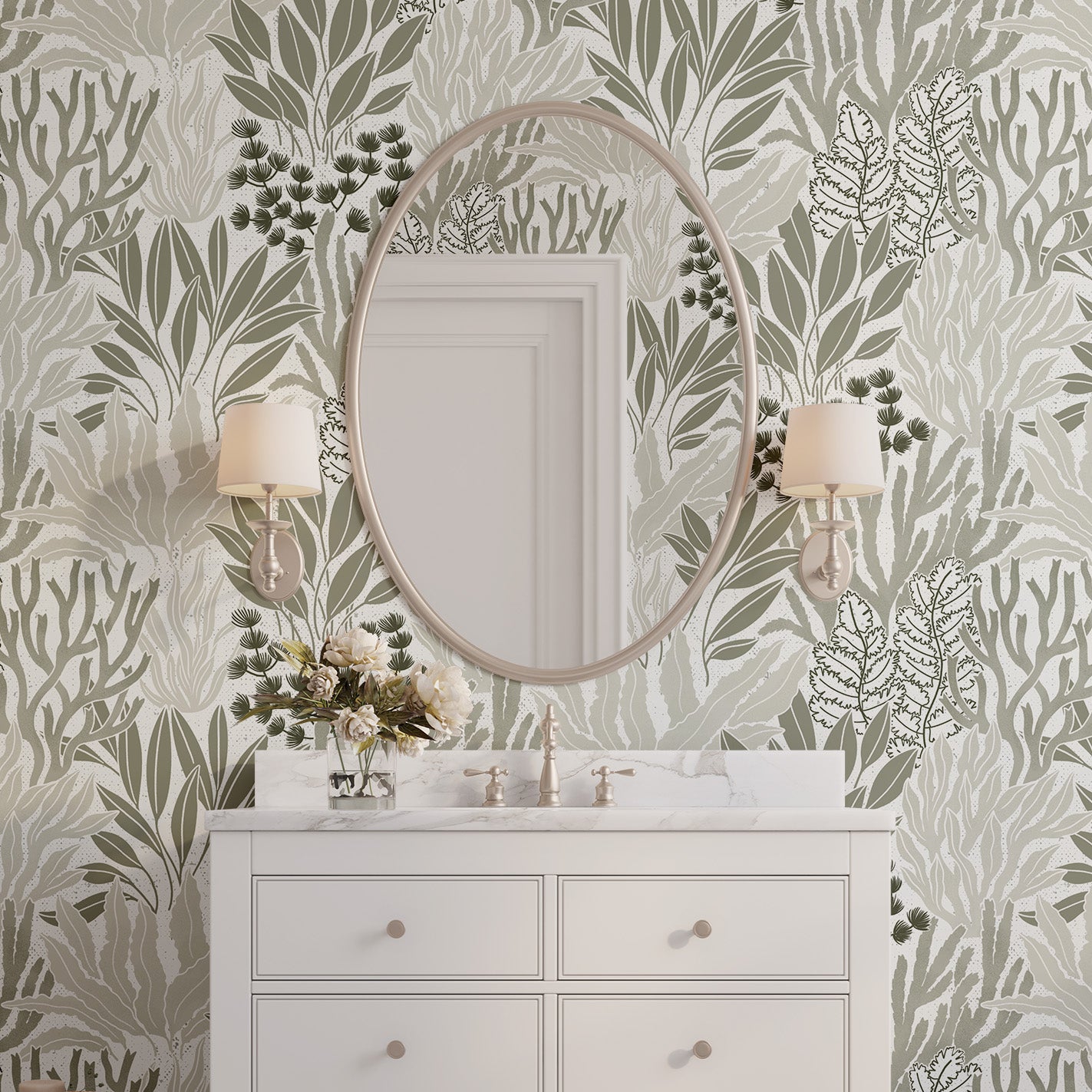 Coral Garden Wallpaper in Sage shown in a bathroom