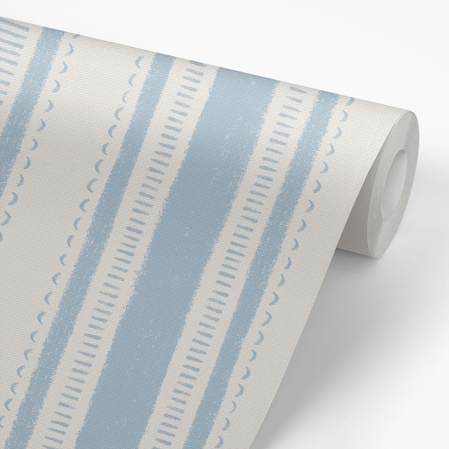 Roll of wallpaper with blue and beige striped pattern on a white background