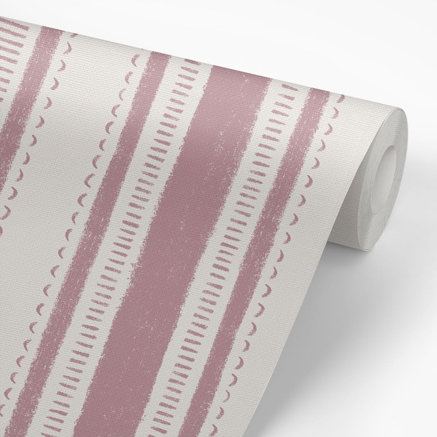 Cottage Stripes in Mauve shown on a wallpaper roll.