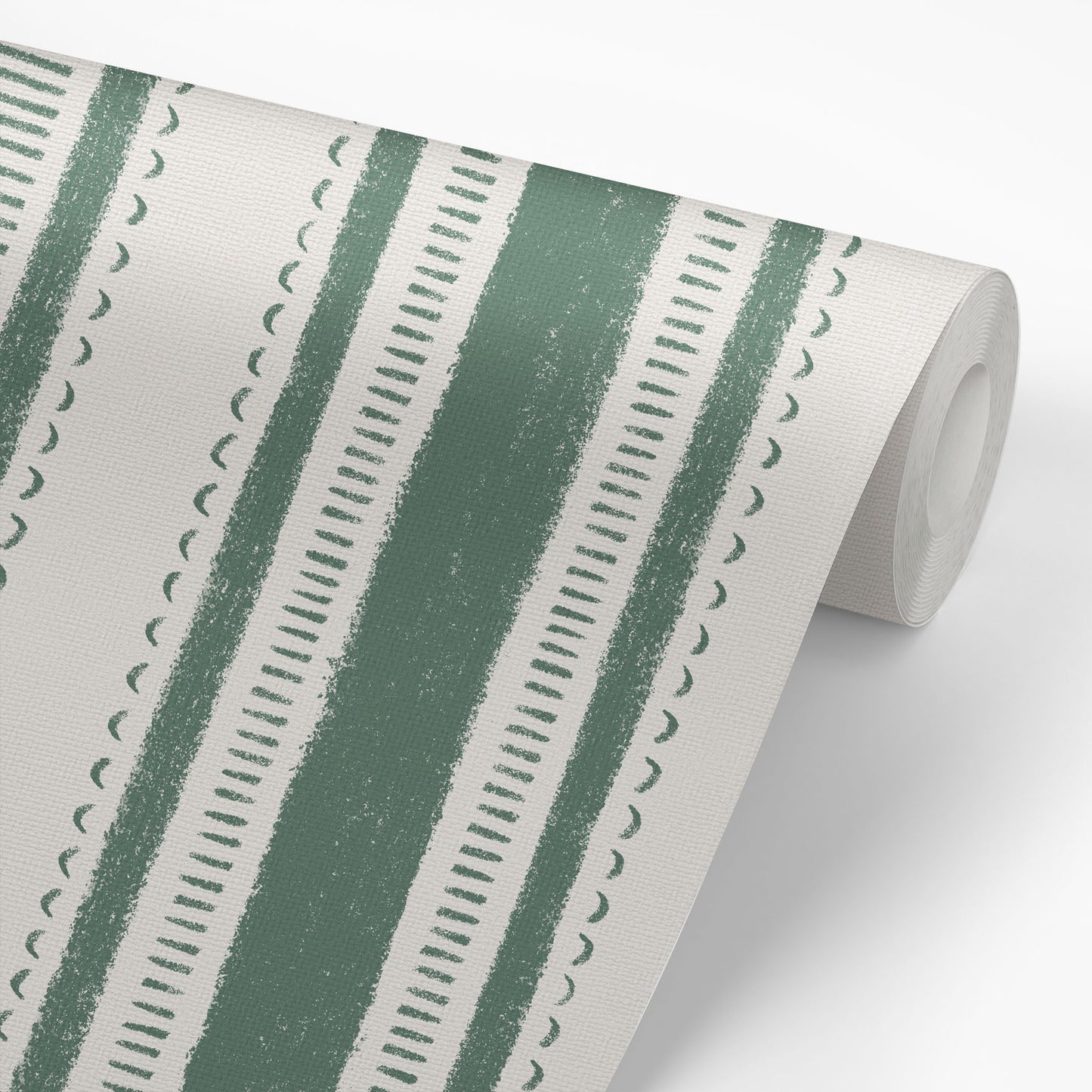 Cottage Stripes in Pine shown on a wallpaper roll.
