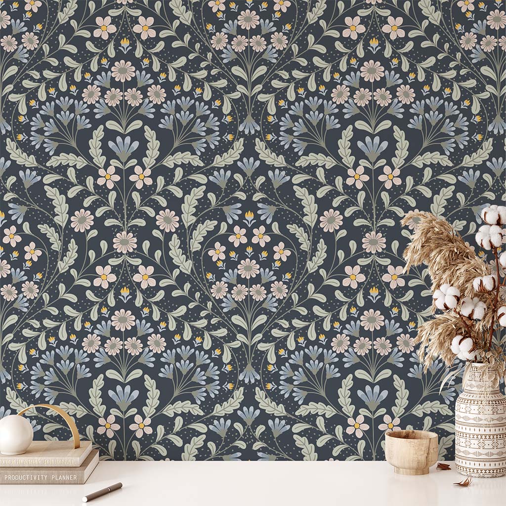 Cottagecore Damask Wallpaper - Navy Blue