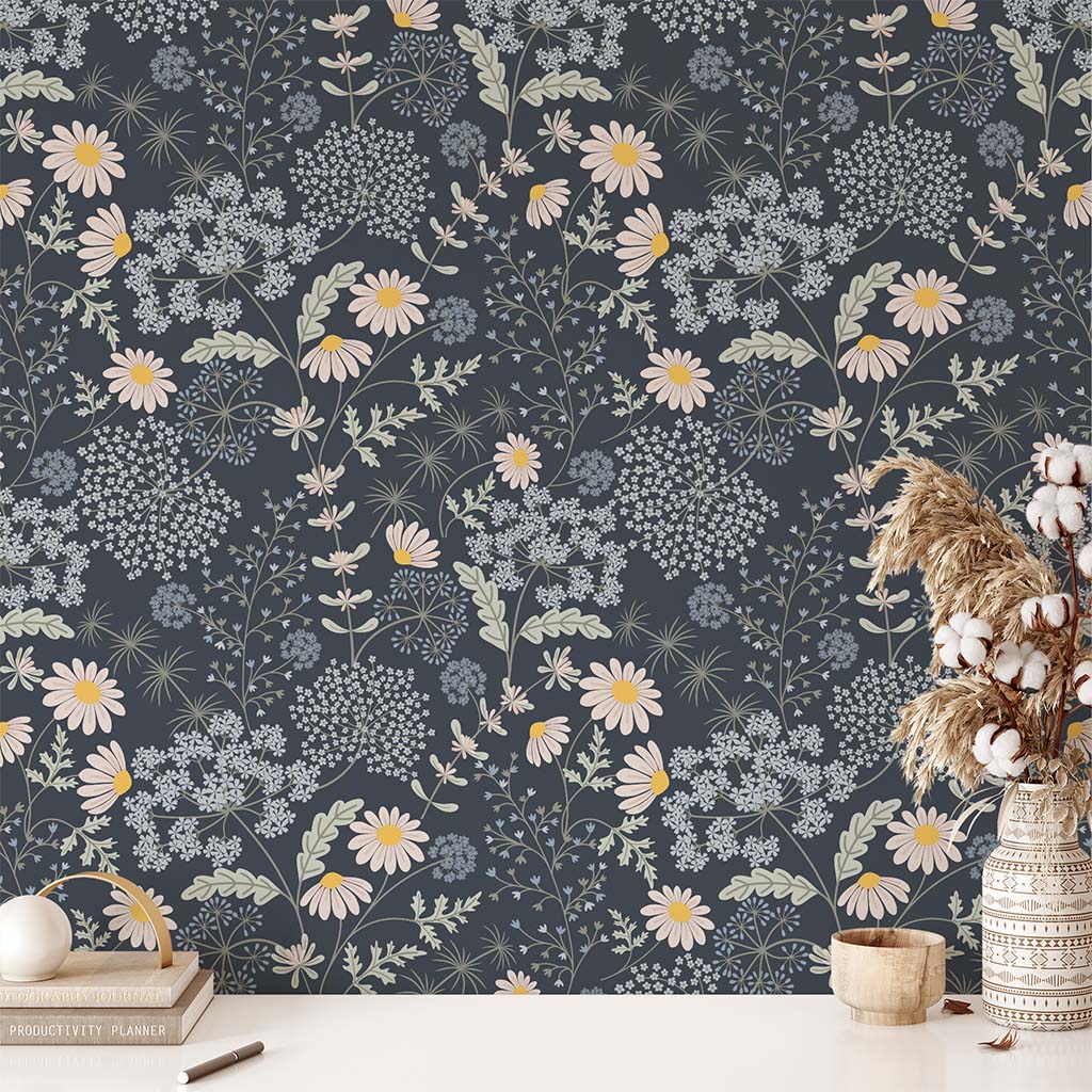 Cottagecore Wildflowers Wallpaper - Navy Blue