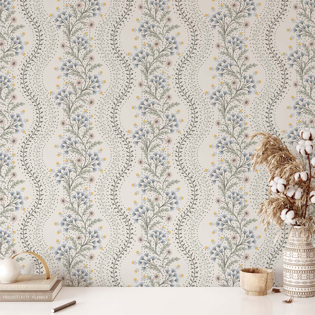 Cottagecore Wavy Floral Stripe Wallpaper - Cream