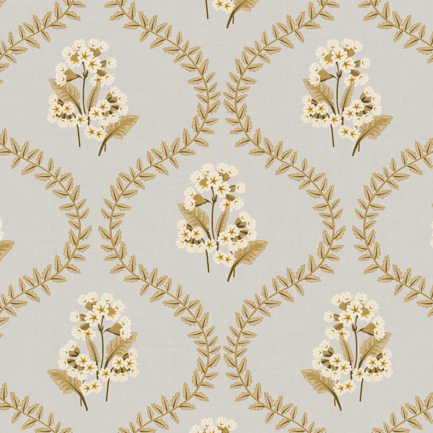 Closeup view of our Cowslip Primrose Wallpaper in Light Gray