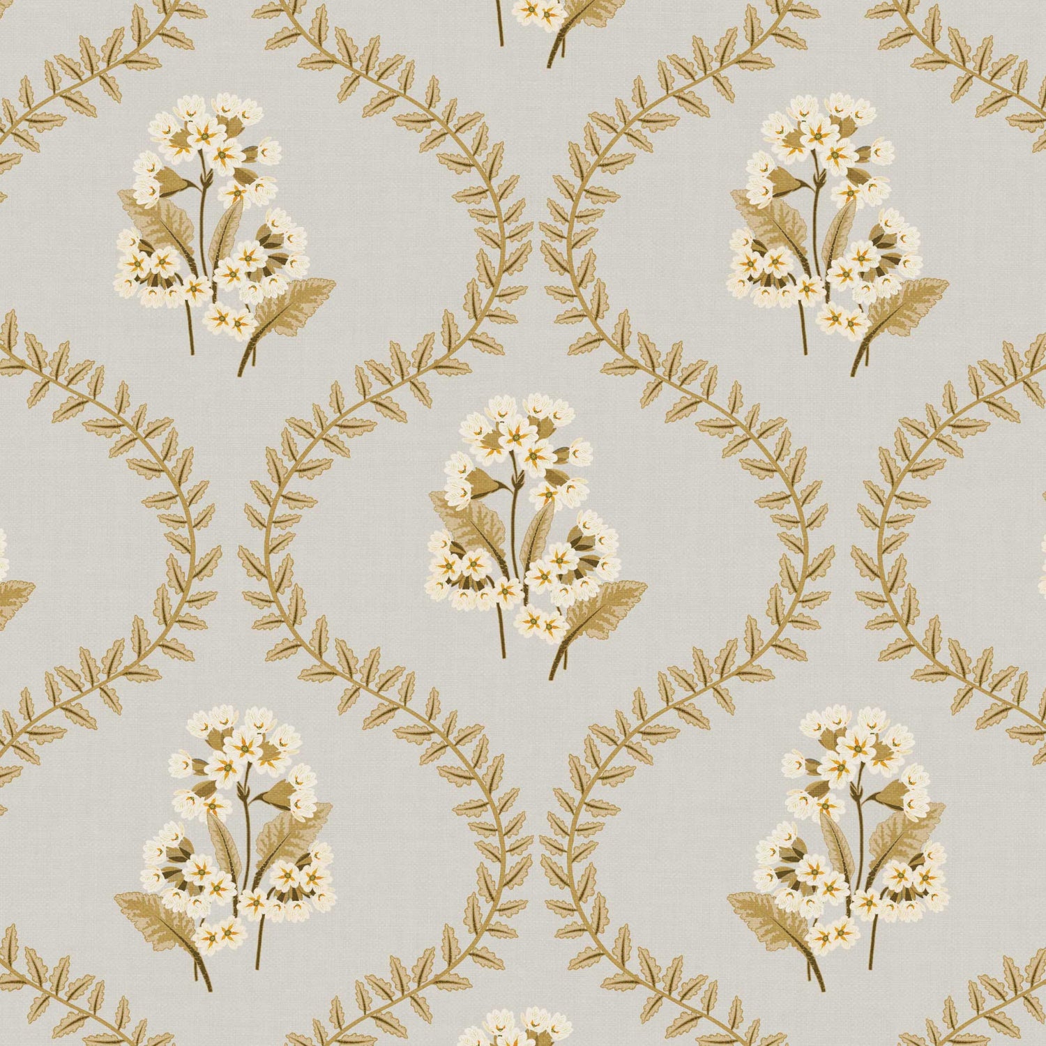 Closeup view of our Cowslip Primrose Wallpaper in Light Gray