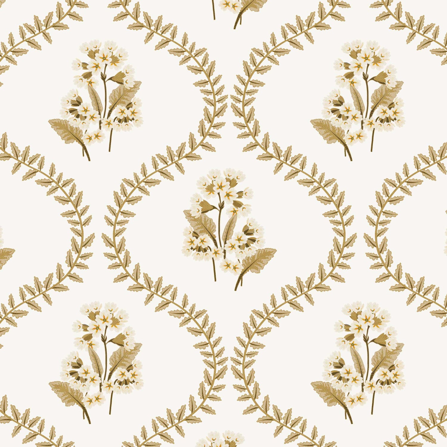 Closeup view of our Cowslip Primrose Wallpaper in Cream
