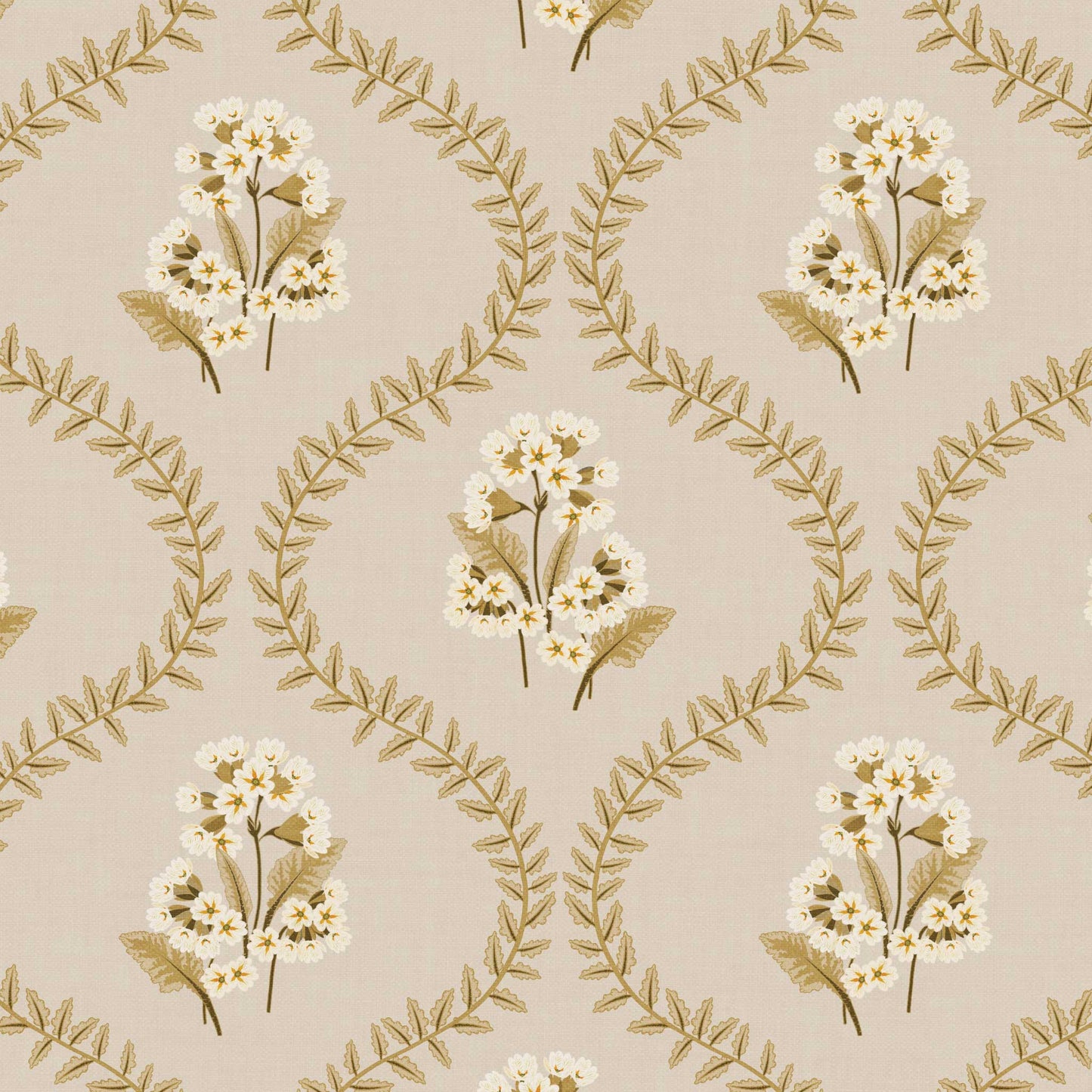 Closeup view of our Cowslip Primrose Wallpaper in Tan