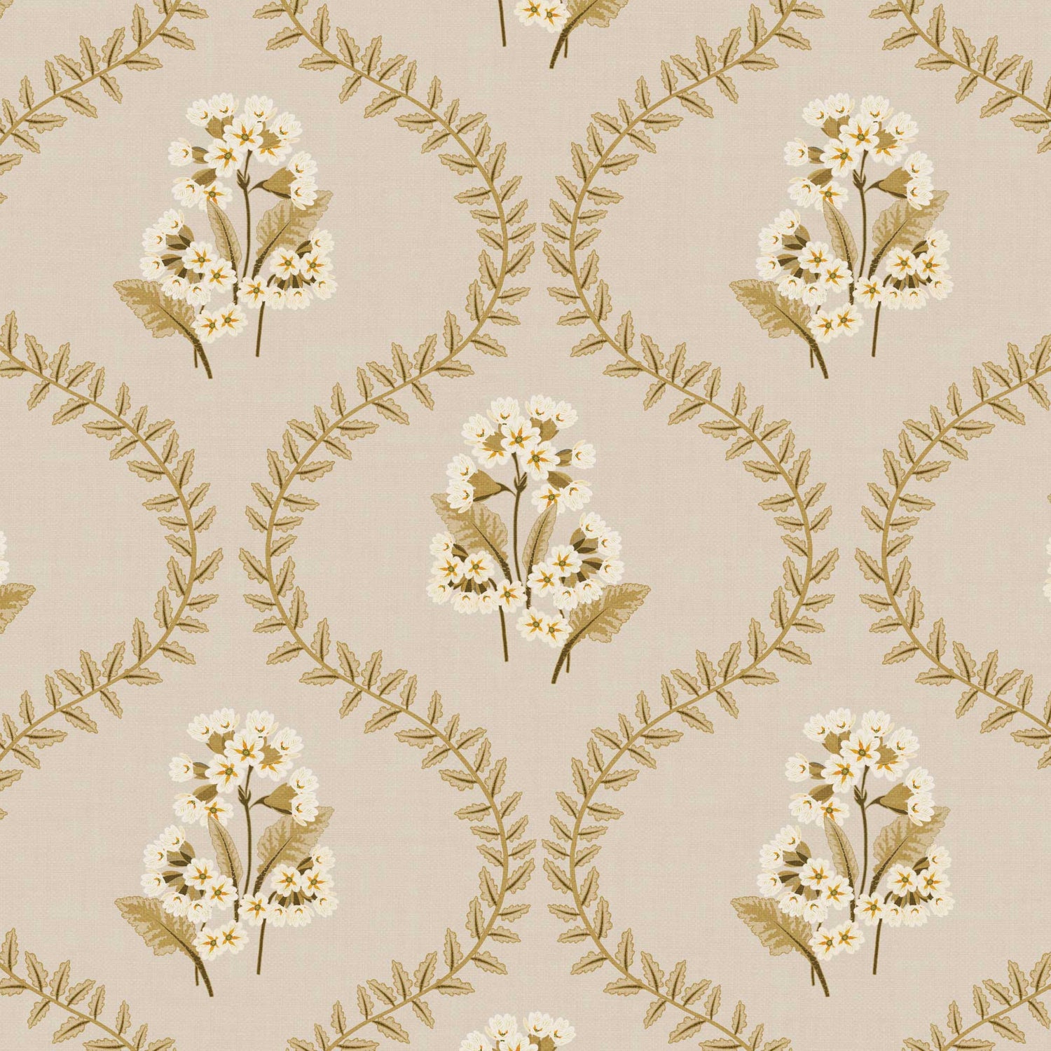 Closeup view of our Cowslip Primrose Wallpaper in Tan