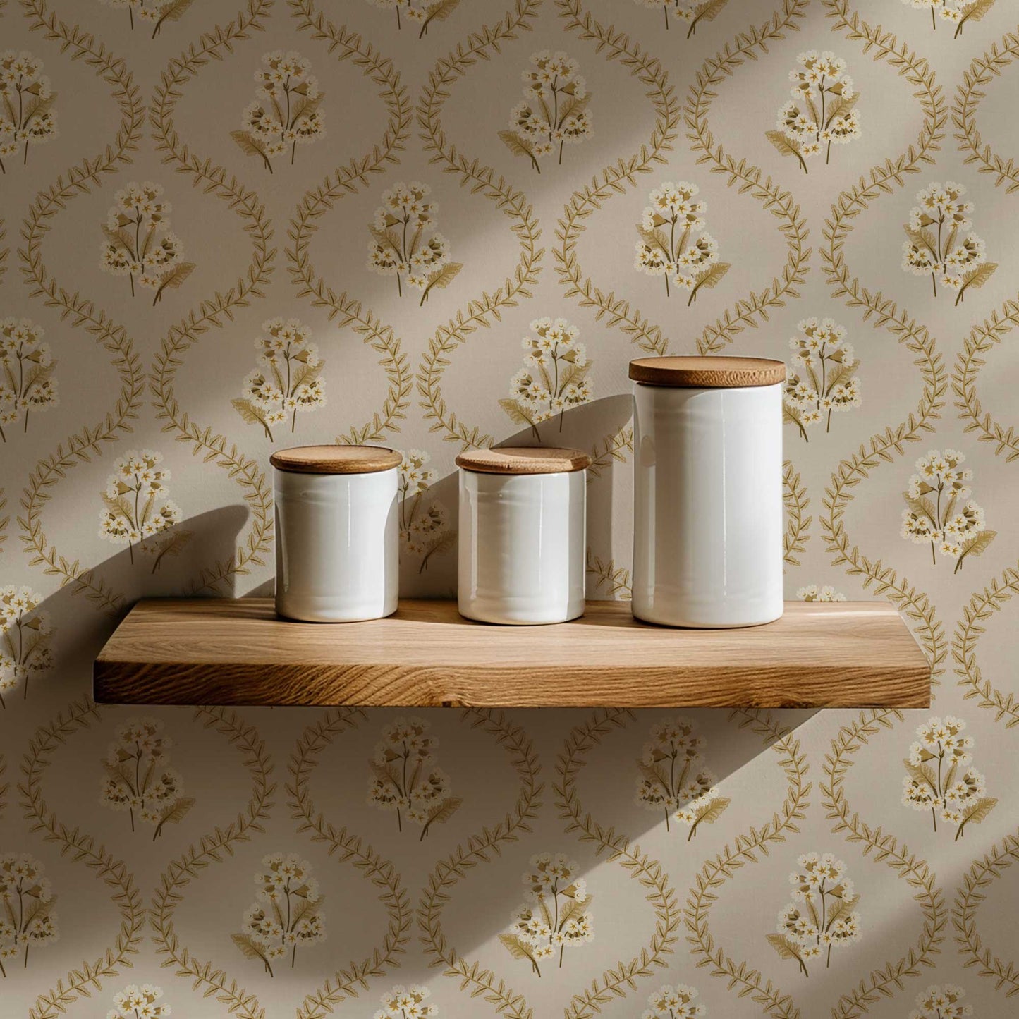 Cowslip Primrose Wallpaper in Tan shown in a pantry