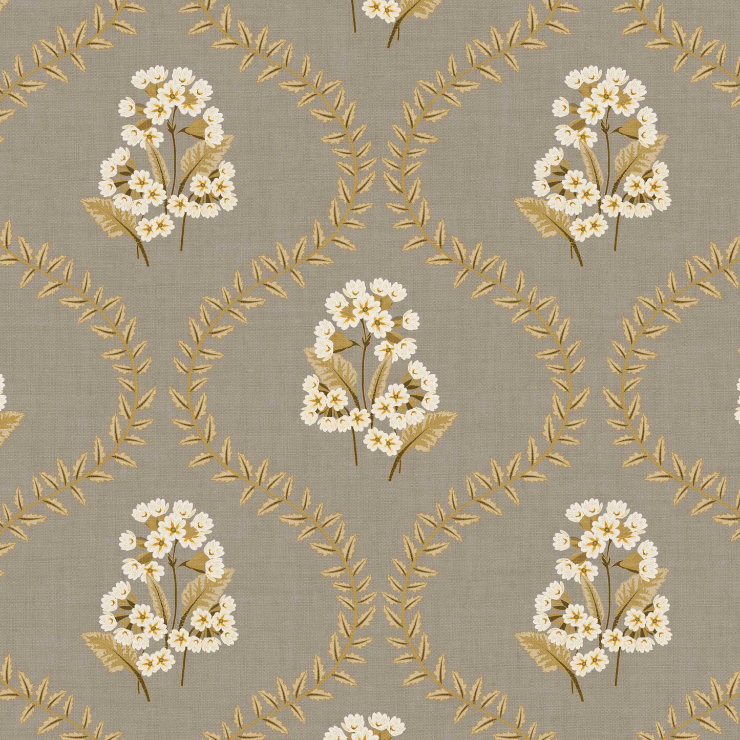 Closeup view of our Cowslip Primrose Wallpaper in Khaki