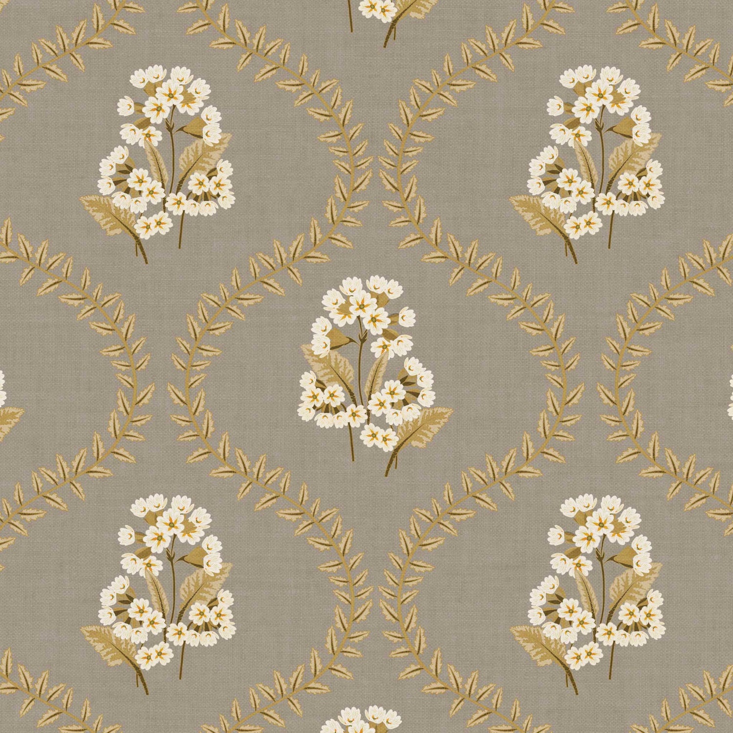 Closeup view of our Cowslip Primrose Wallpaper in Khaki