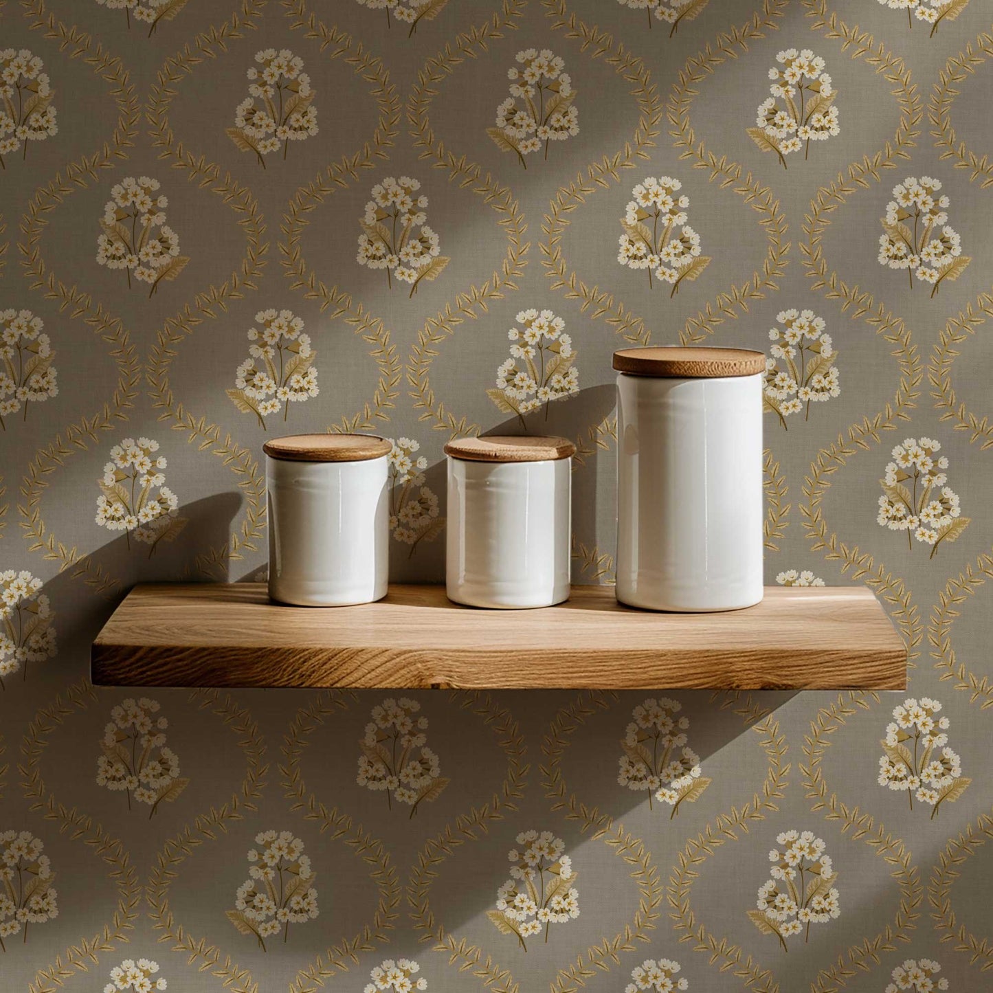 Cowslip Primrose Wallpaper in Khaki shown in a pantry.