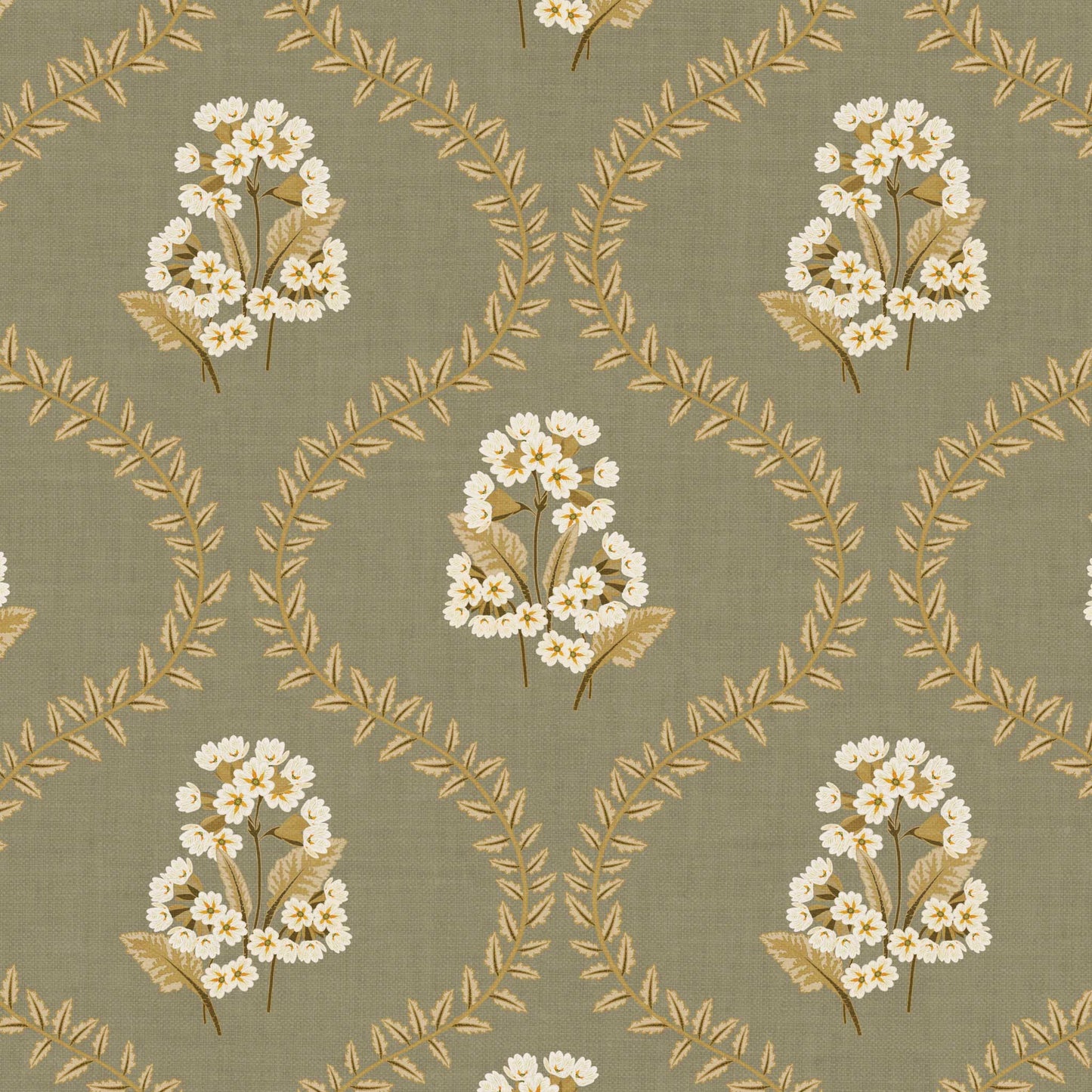 Closeup view of our Cowslip Primrose Wallpaper in Sage