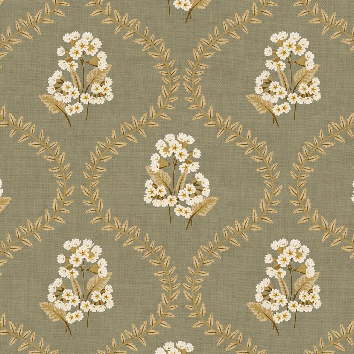 Closeup view of our Cowslip Primrose Wallpaper in Sage