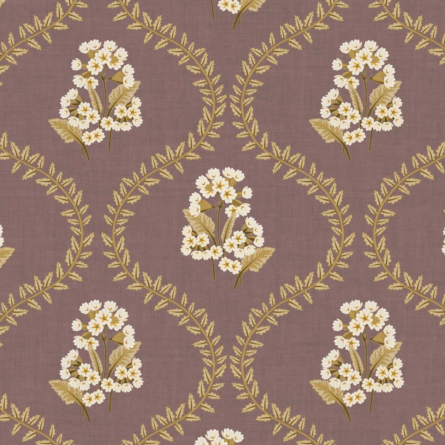 Closeup view of our Cowslip Primrose Wallpaper in Old Burgundy