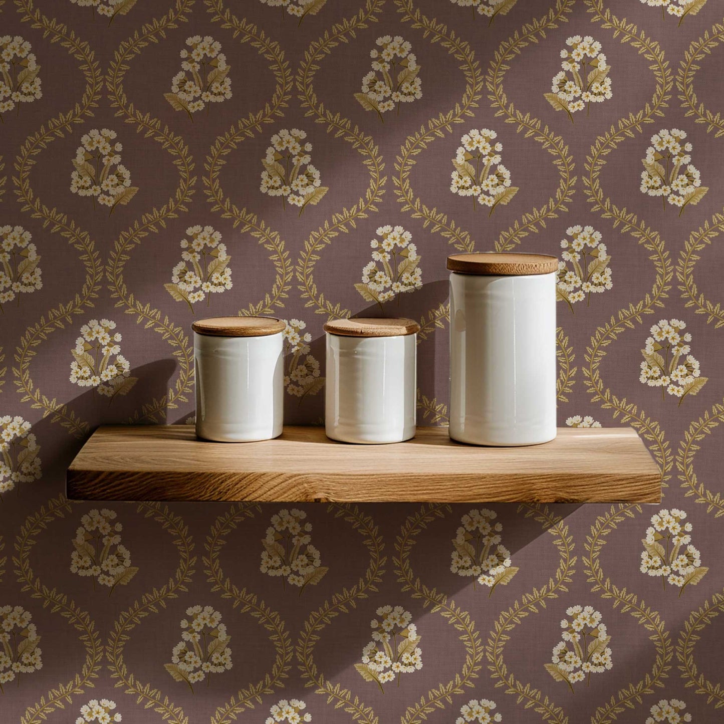 Cowslip Primrose Wallpaper in Old Burgundy shown in a pantry.