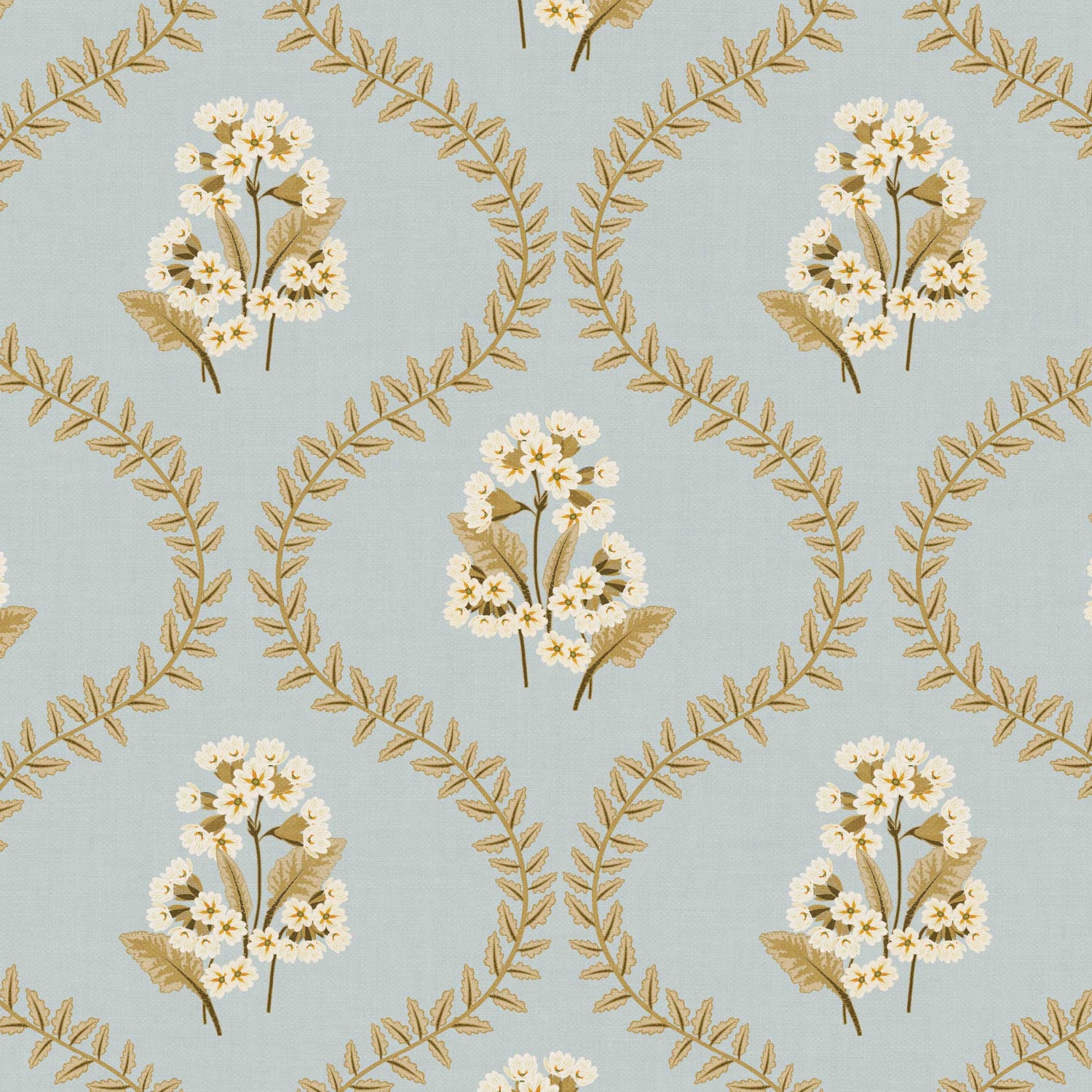 Closeup view of our Cowslip Primrose Wallpaper in River Blue