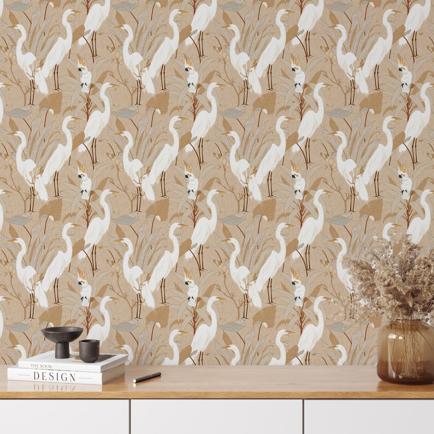 Designed with an eye-catching flair of animals and class, Cranes and Cockatoo Wallpaper - Tan encaptures tasteful luxury. This exclusive wallpaper features a sophisticated design of cranes and cockatoos, perfect for bringing a sense of refinement and elegance to your home.