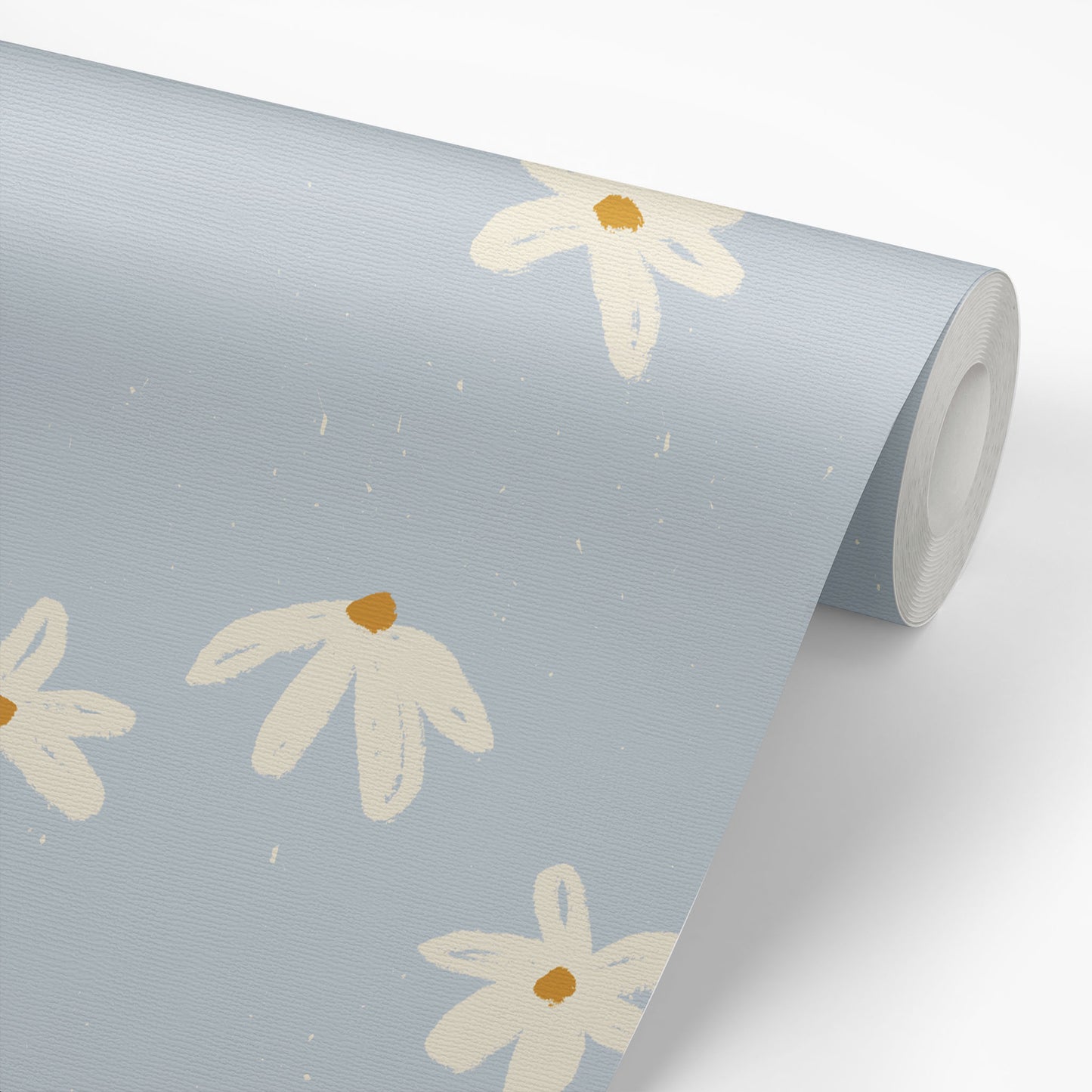 Daisy Doodles in Dusty Blue shown on a wallpaper roll.