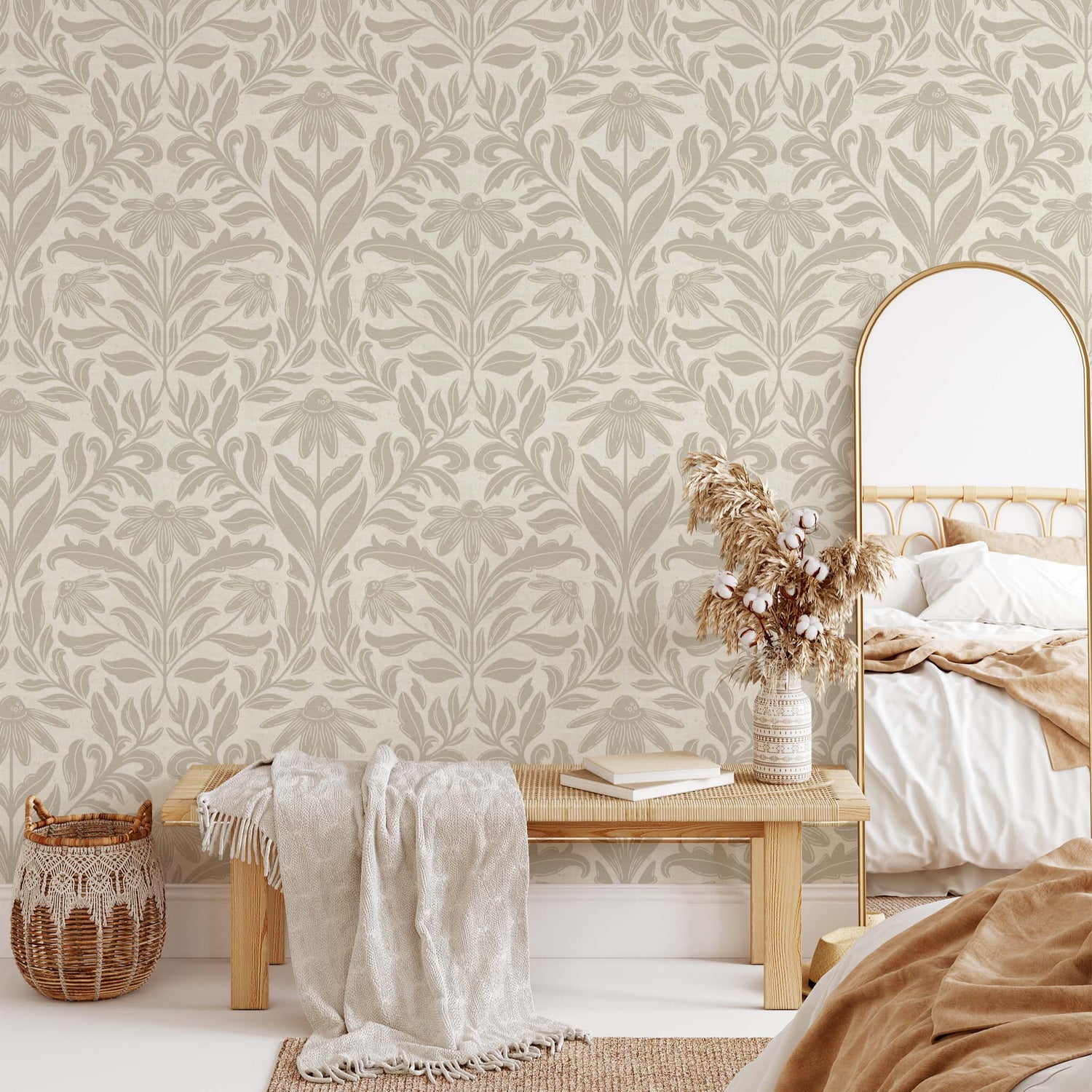 Daisy Damask Wallpaper in Beige shown in a bedroom