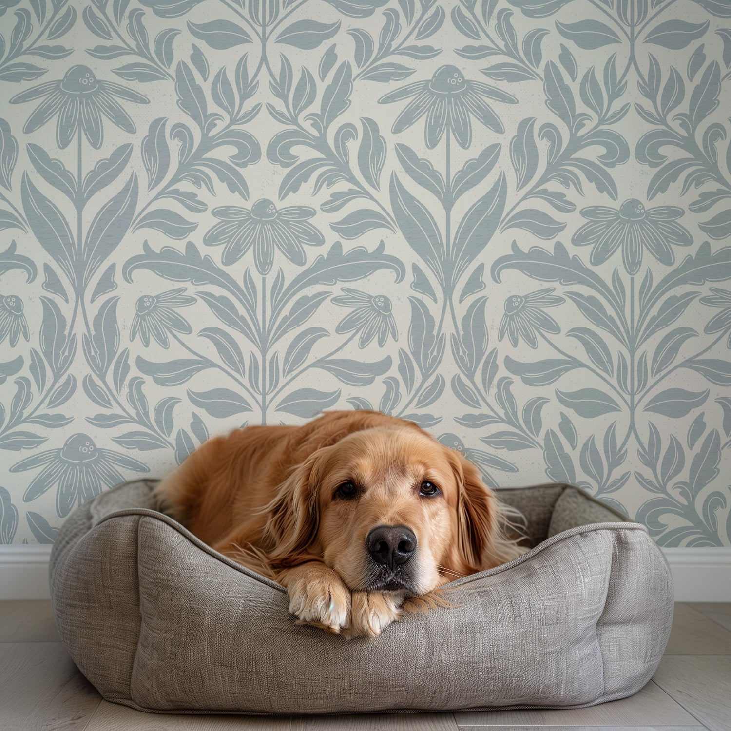 Daisy Damask Wallpaper in Cloudy Blue behind a dog
