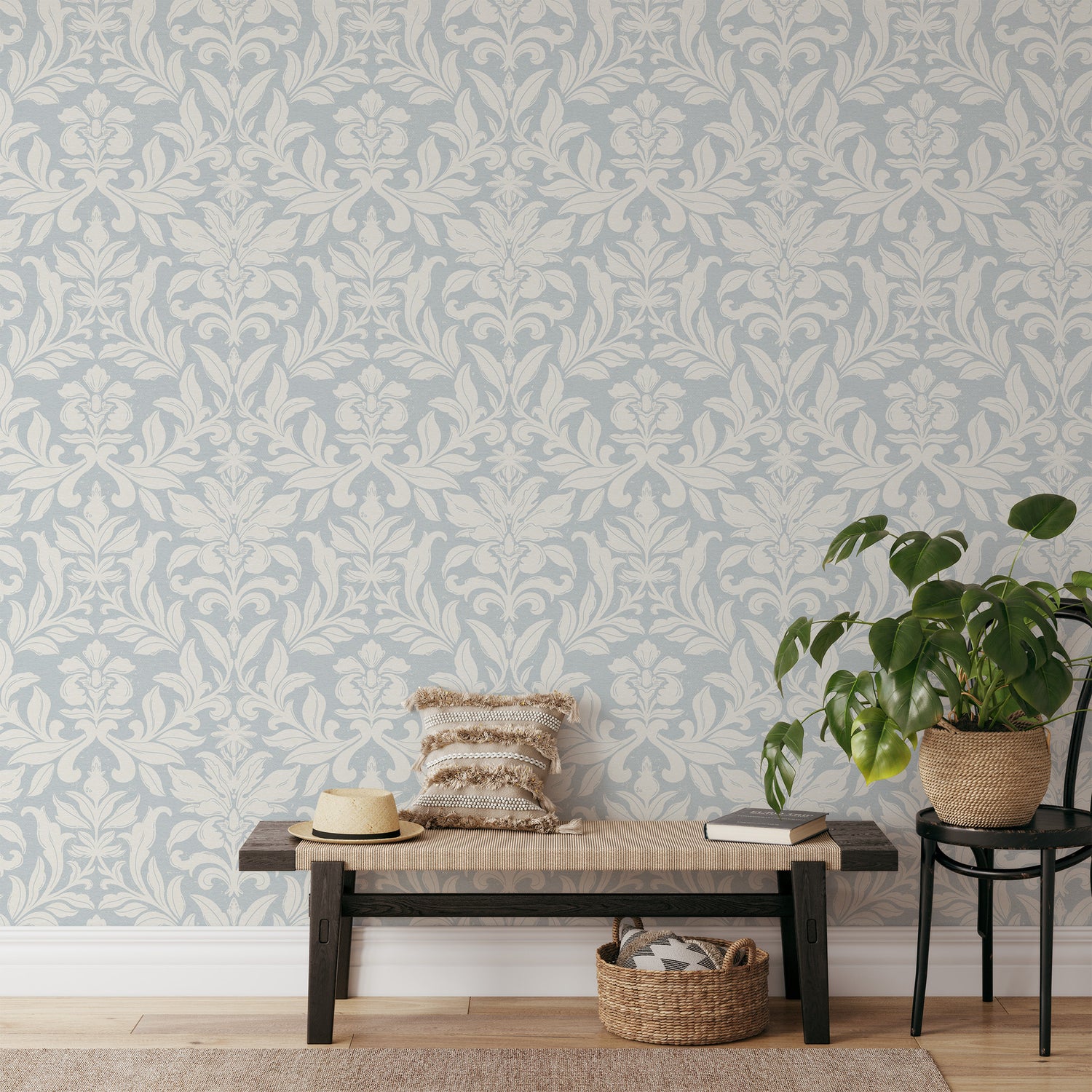 Floral Dreams Damask Wallpaper in Cream on Barely Blue in an entryway