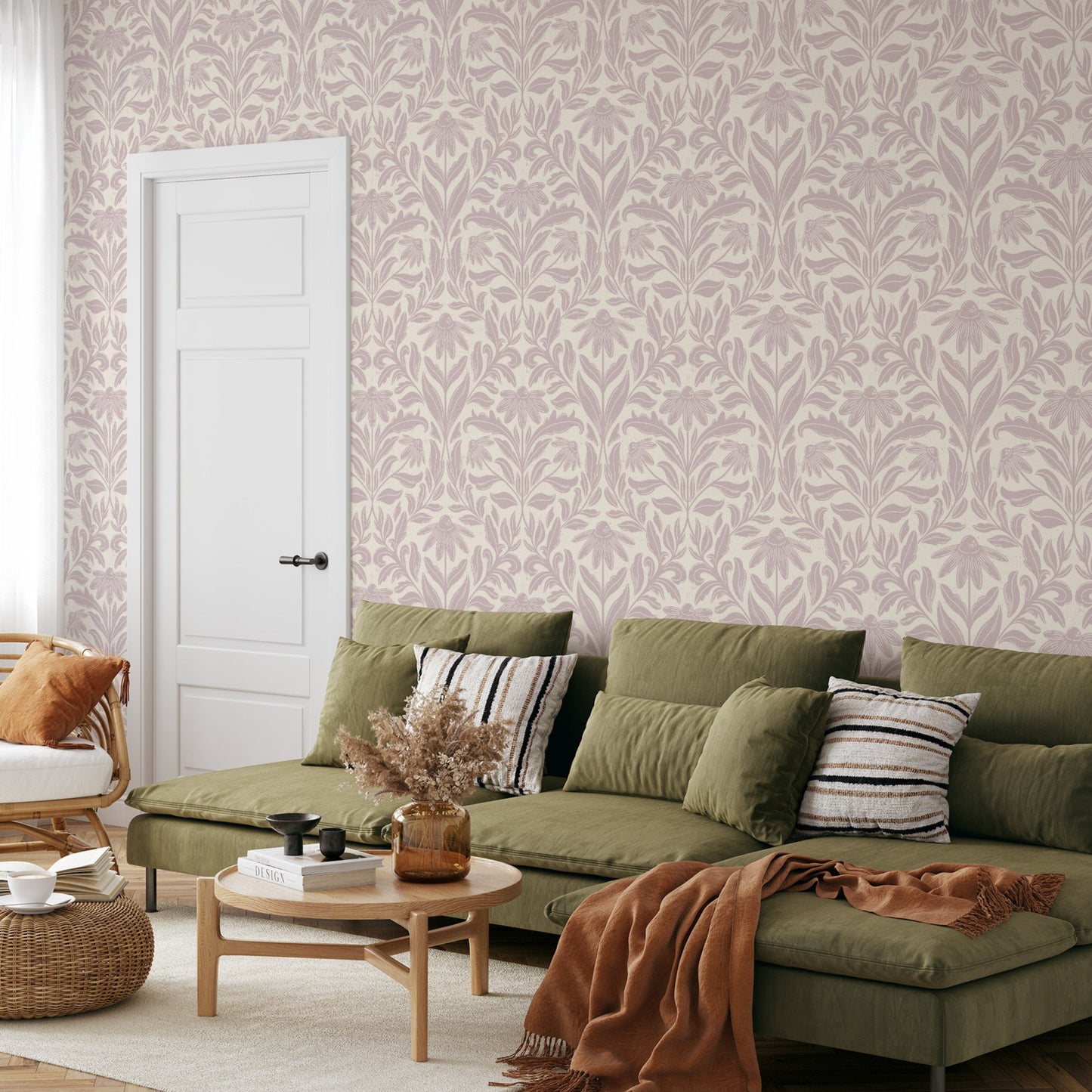 Daisy Damask Wallpaper in Rose shown in a living room