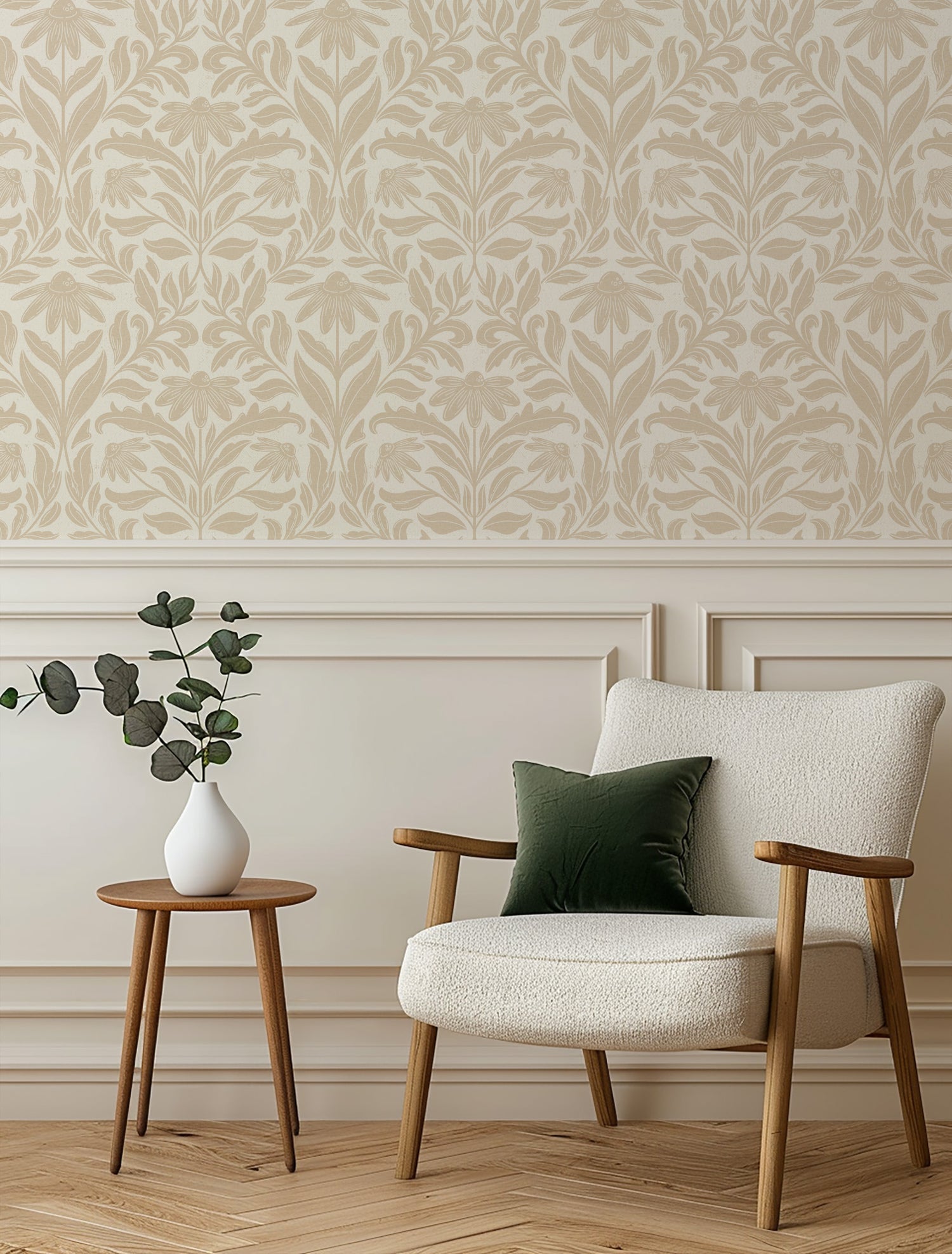 Daisy Damask Wallpaper in Sand shown in a living area