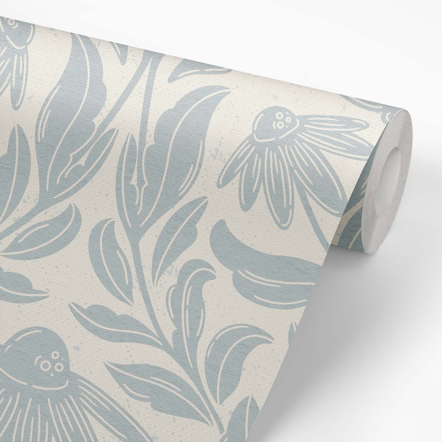 Daisy Damask Wallpaper in Cloudy Blue on a roll of wallpaper