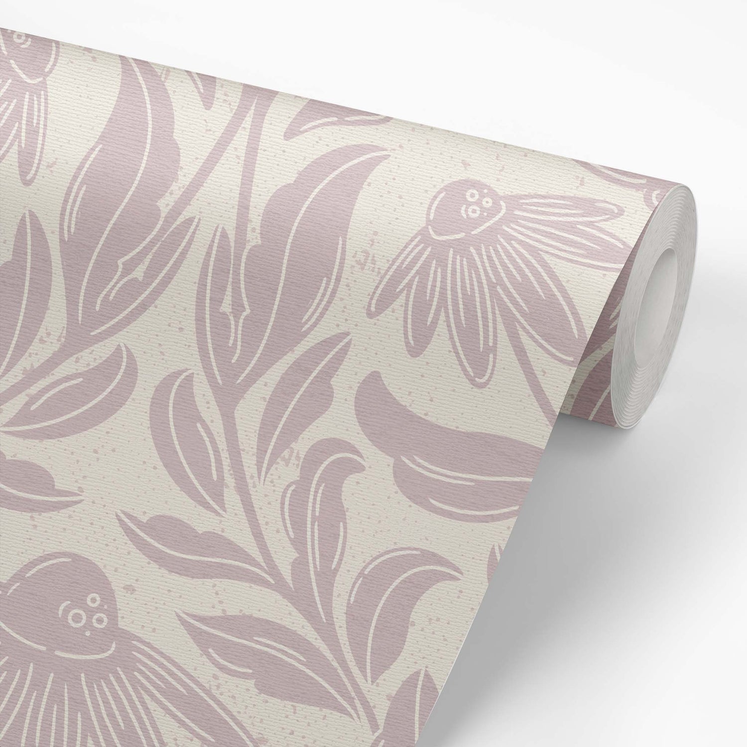 Daisy Damask Wallpaper in Rose shown on a roll of wallpaper