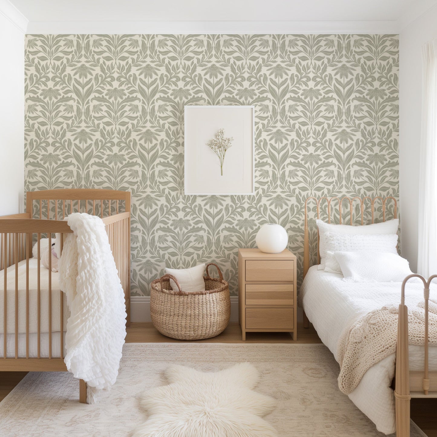 Daisy Damask Wallpaper in Sage shown in a bedroom