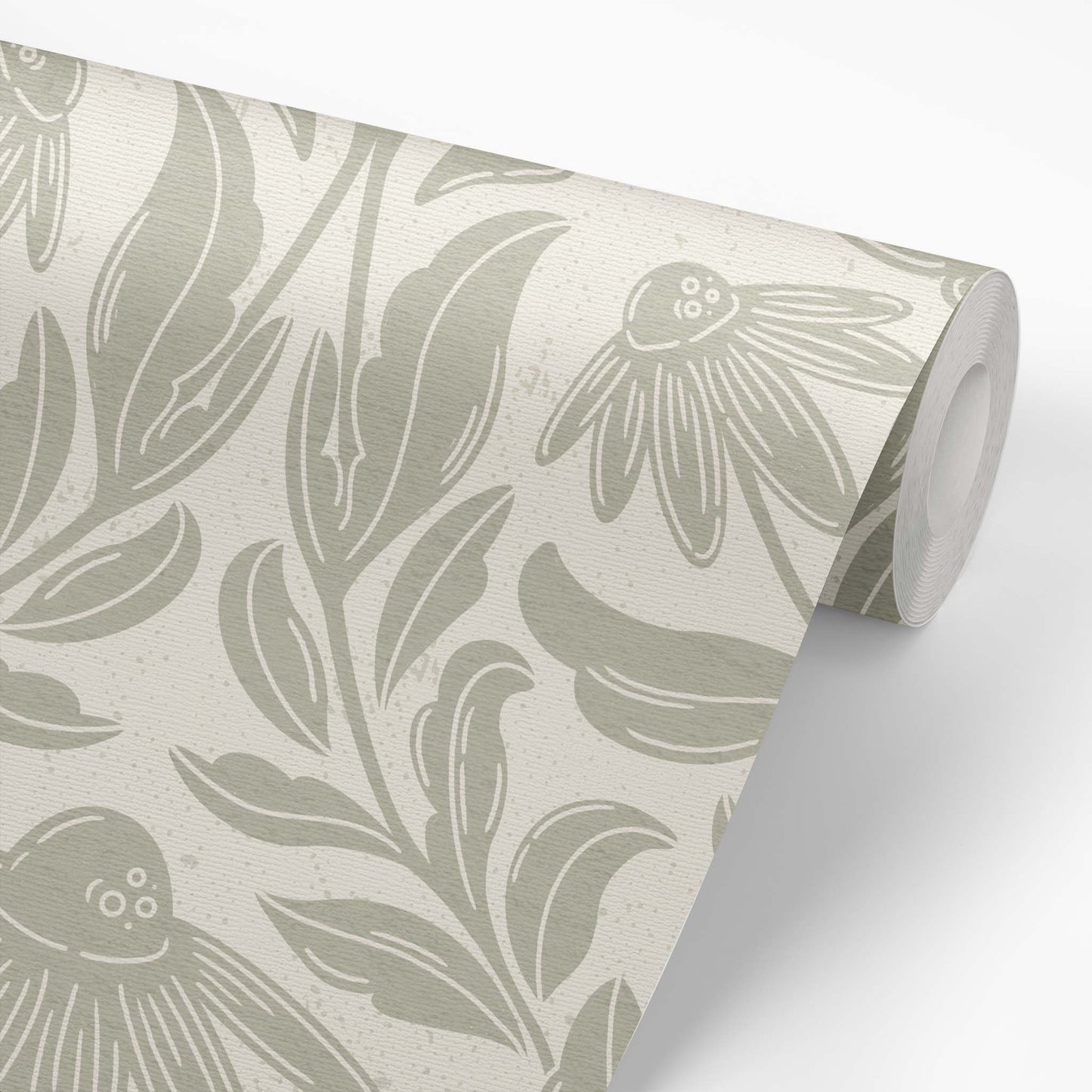 Daisy Damask Wallpaper in Sage shown on a roll of wallpaper