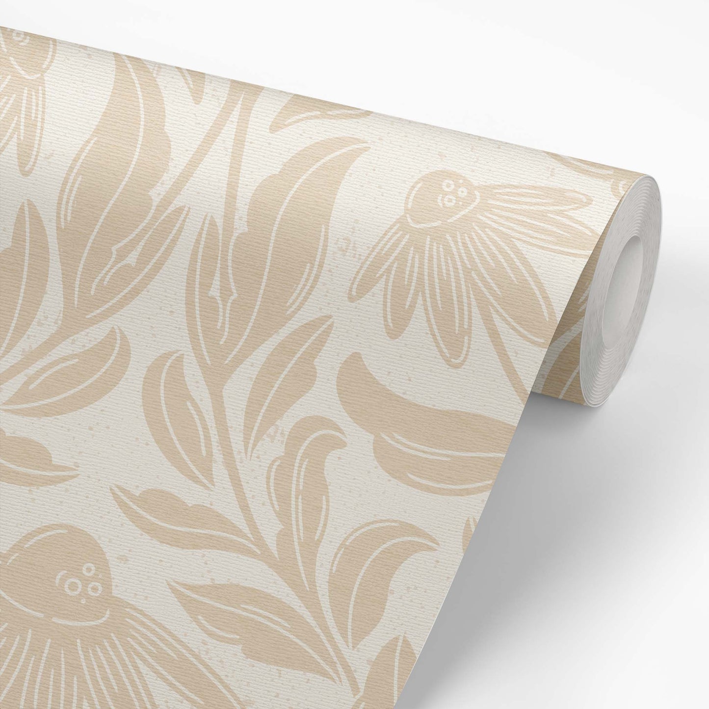 Daisy Damask Wallpaper in Sand shown on a roll of wallpaper