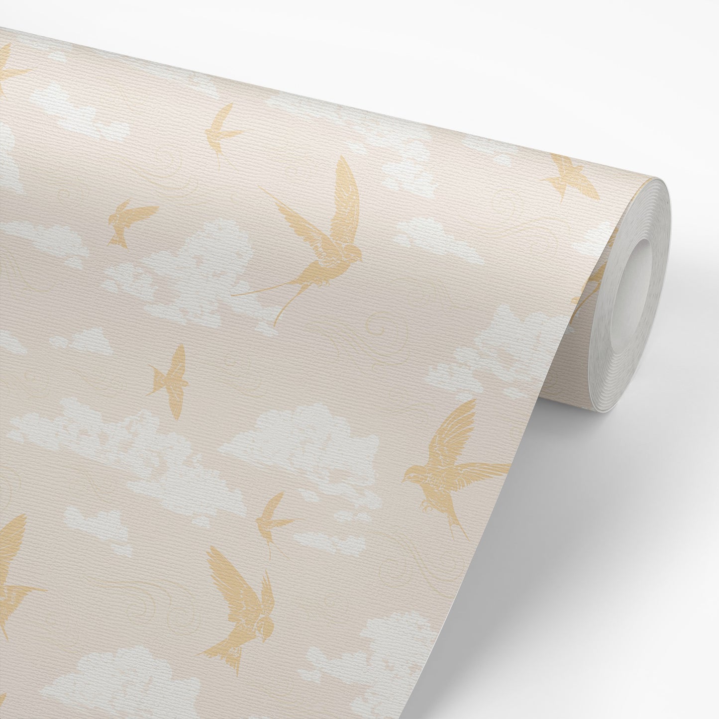 Dancing Swallows Wallpaper in Golden Hour shown on a wallpaper roll.