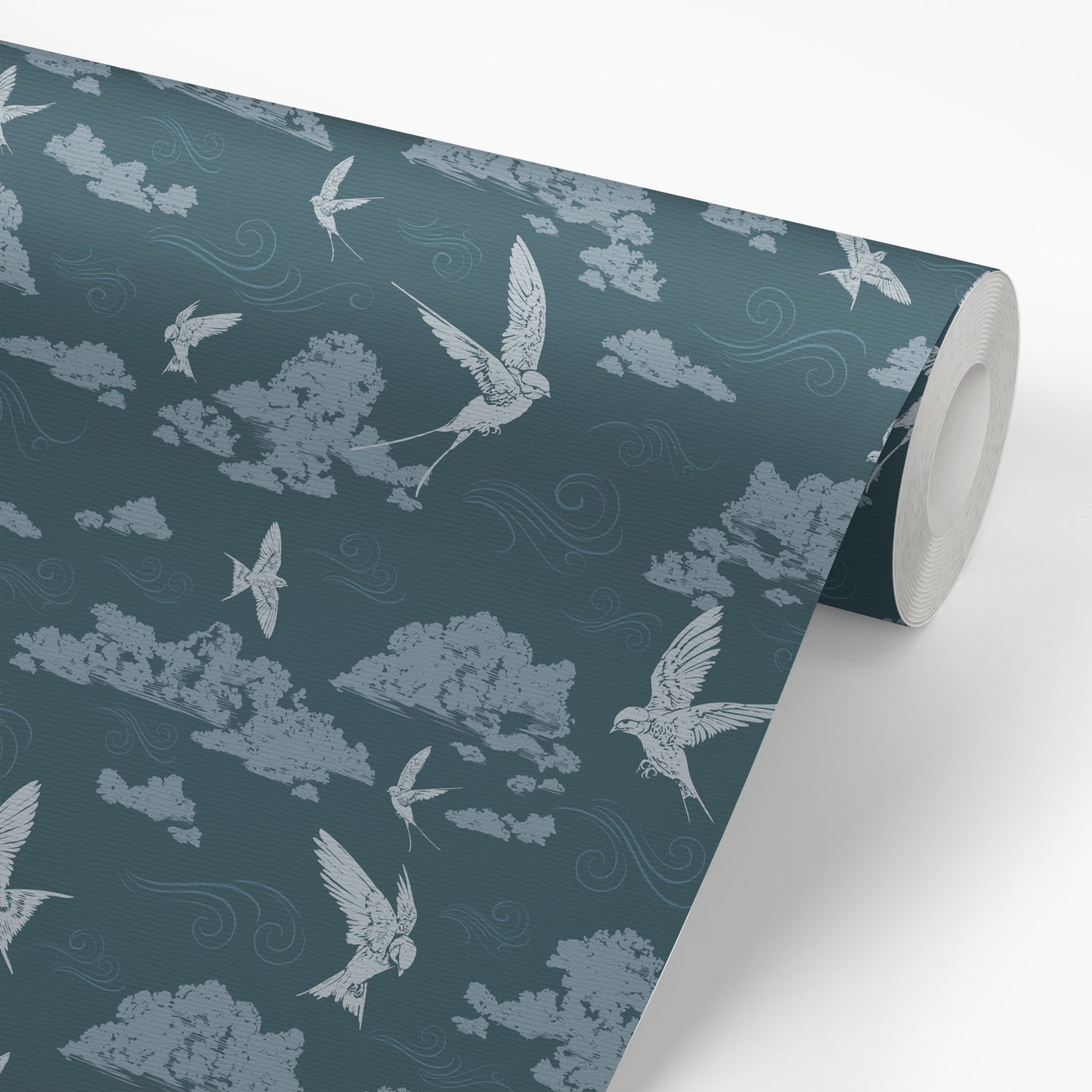 Dancing Swallows Wallpaper in Midnight Blue shown on a wallpaper roll.