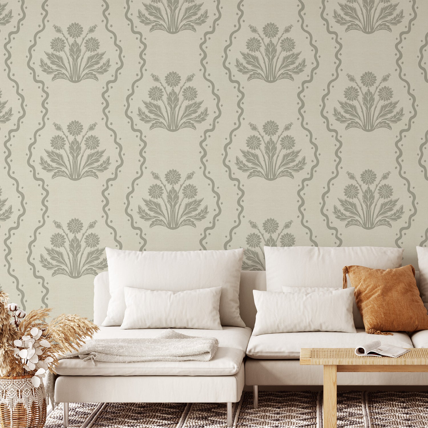 Dandelion Block Printed Wallpaper in Dry Sage shown in a living room.