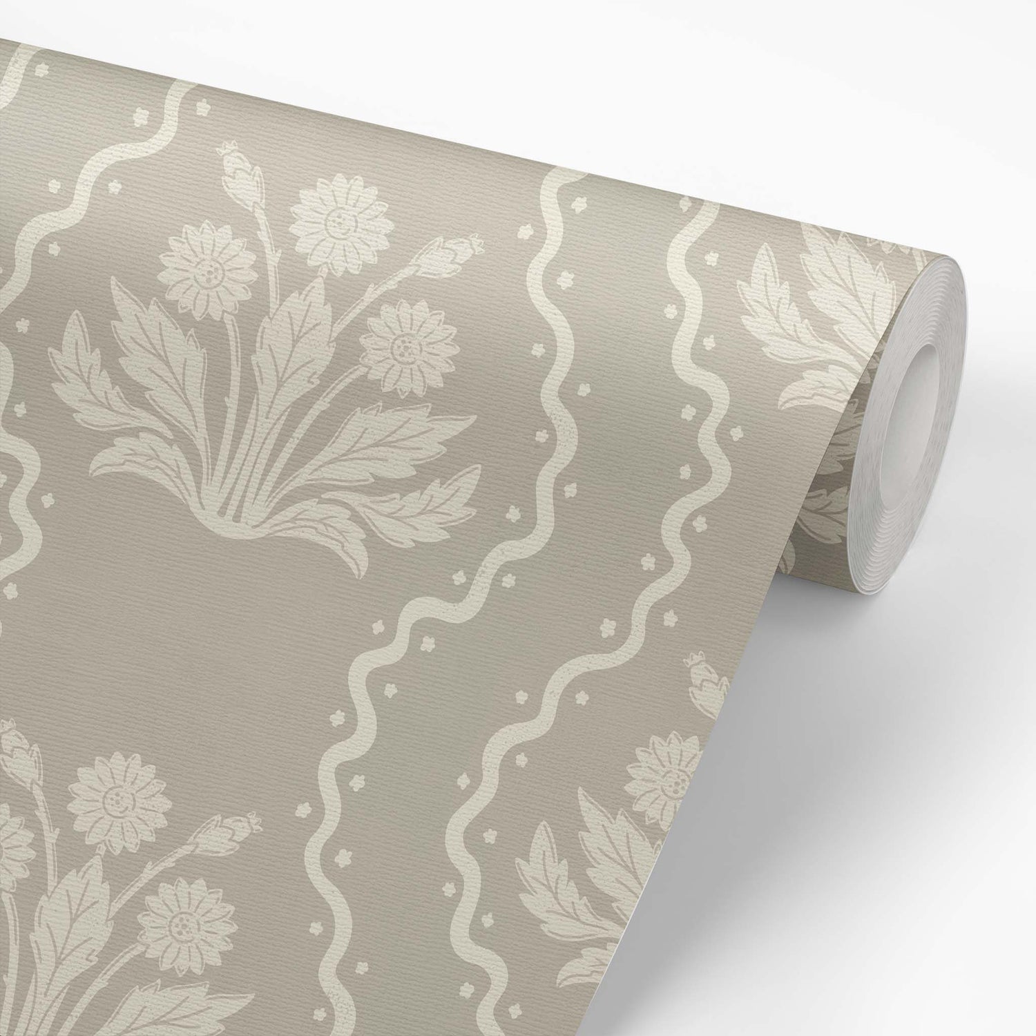 Dandelion Block Printed Wallpaper in Cream on Beige shown on a wallpaper roll.