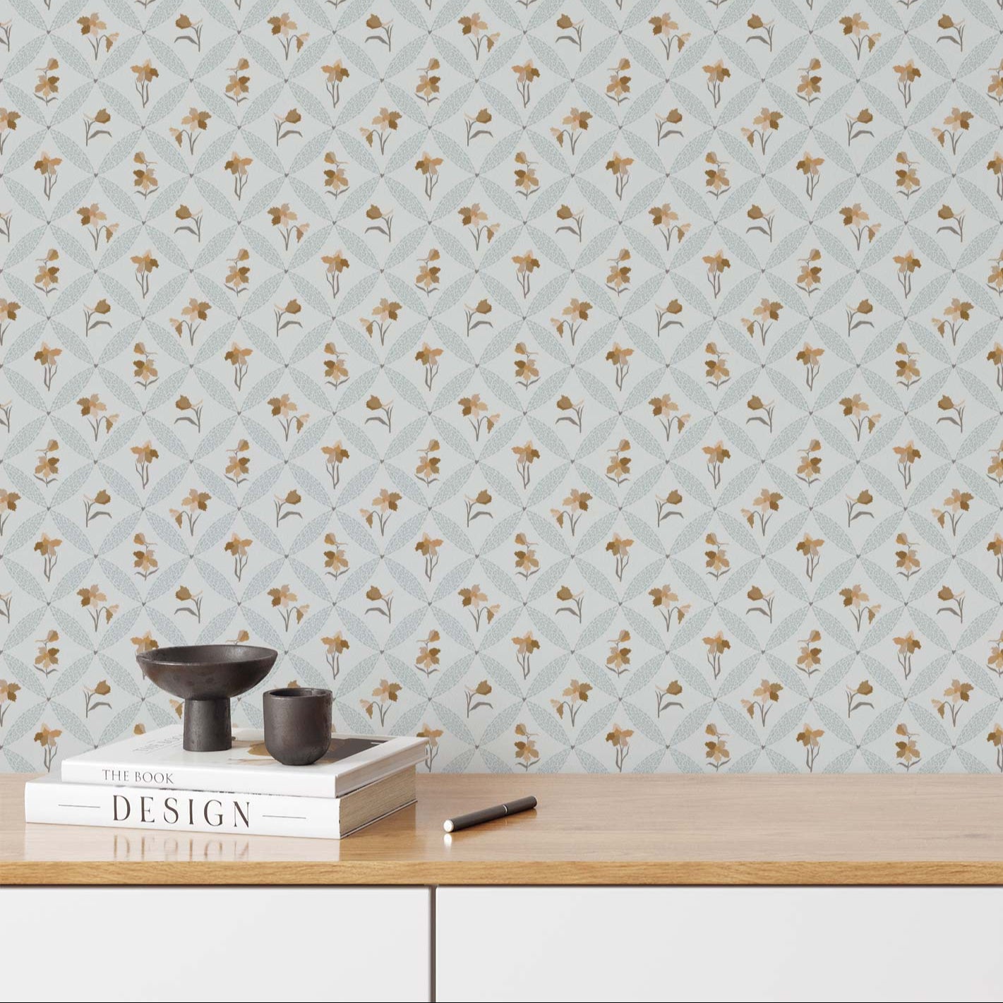 Delphinium Wallpaper in Cornflower Blue shown in an office