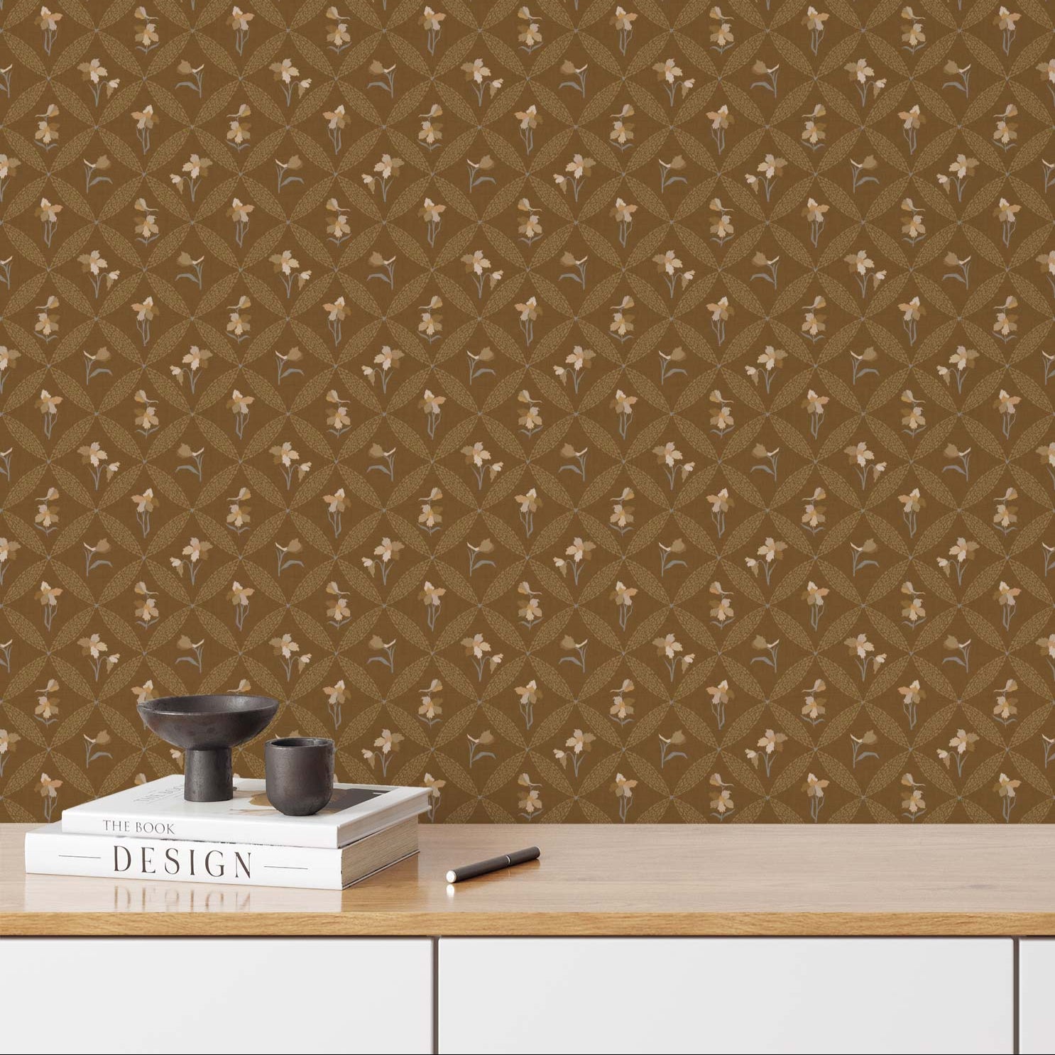 Delphinium Wallpaper in Deep Mustard shown in an office