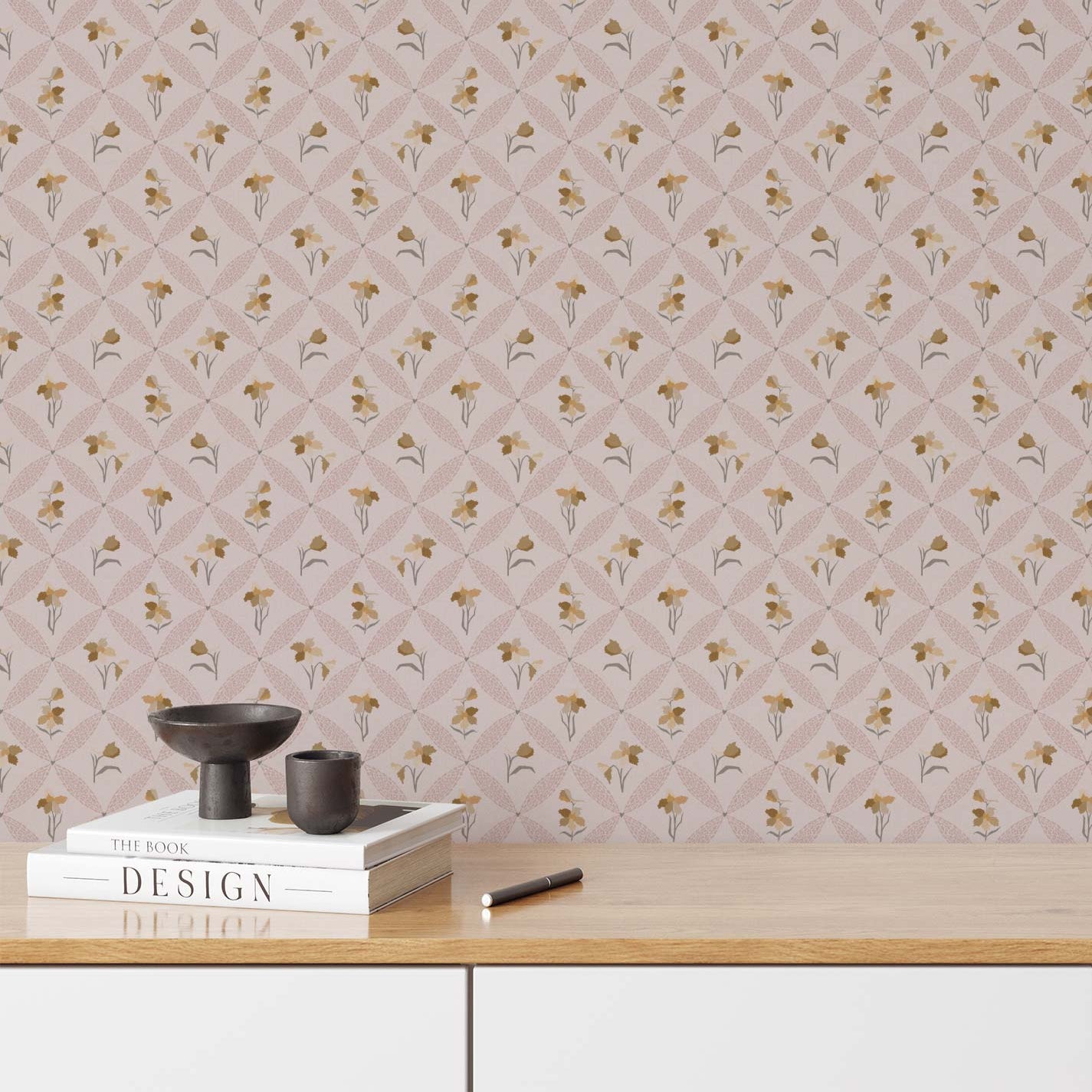 Delphinium Wallpaper in Mauve shown in an office
