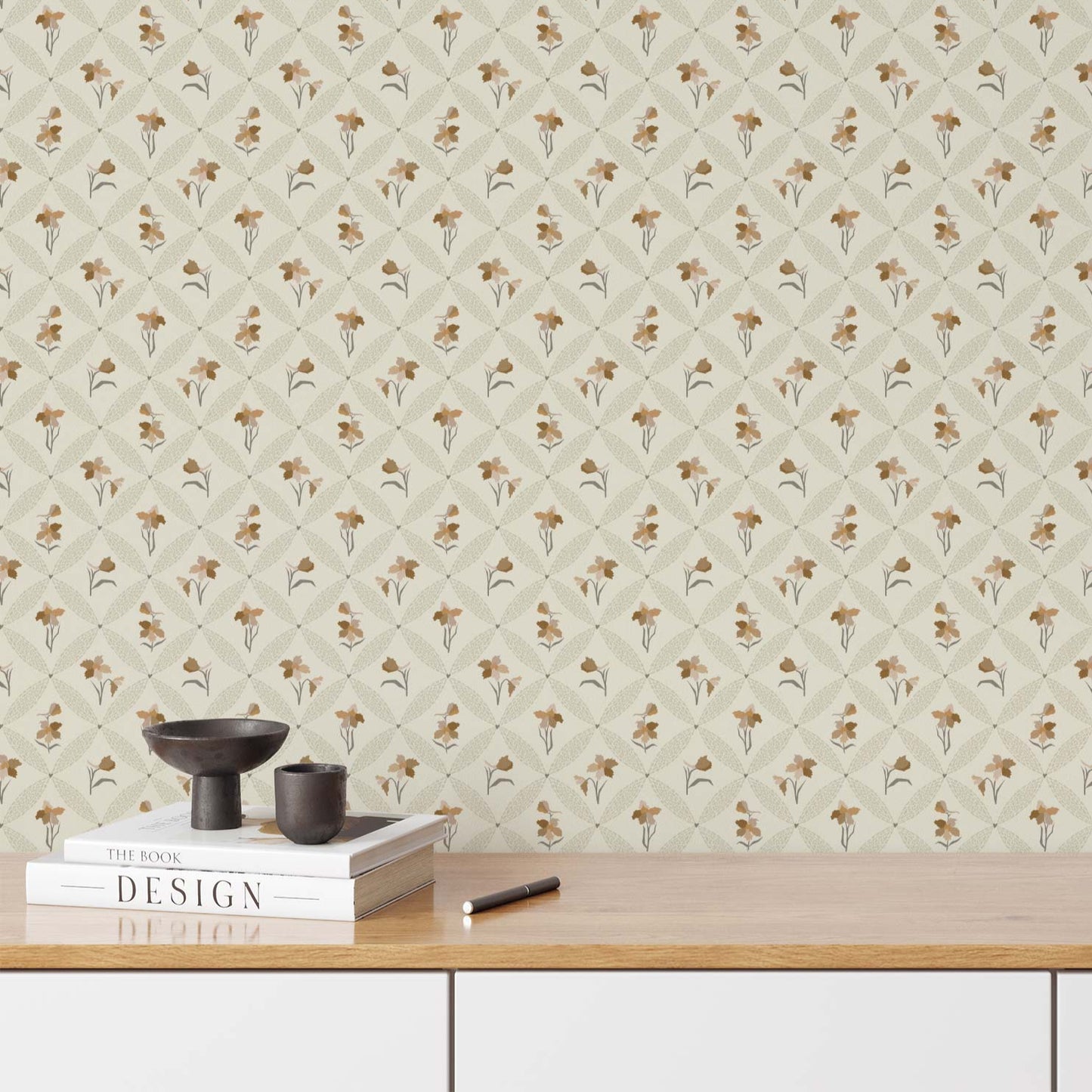 Delphinium Wallpaper in Cream shown in an office