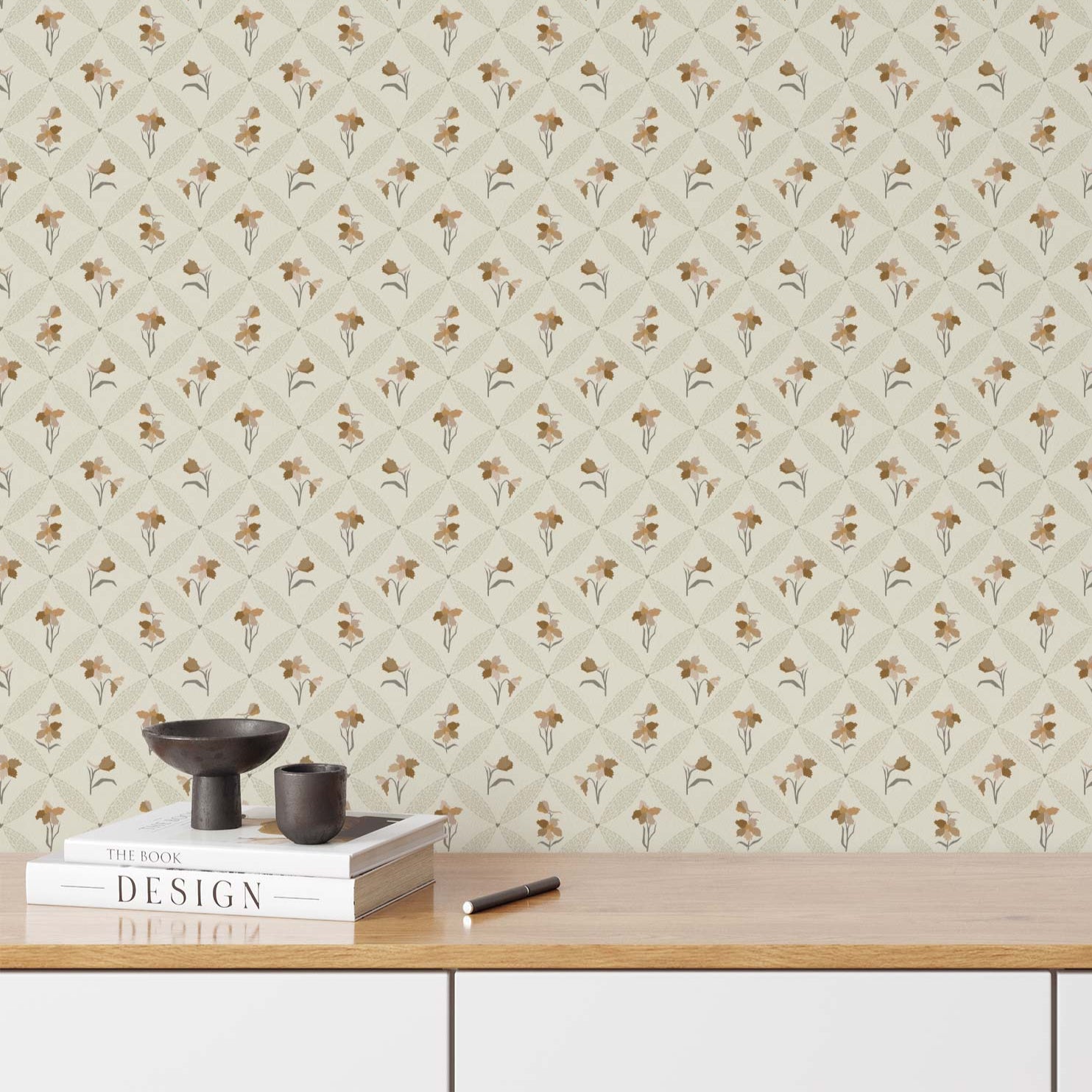 Delphinium Wallpaper in Cream shown in an office