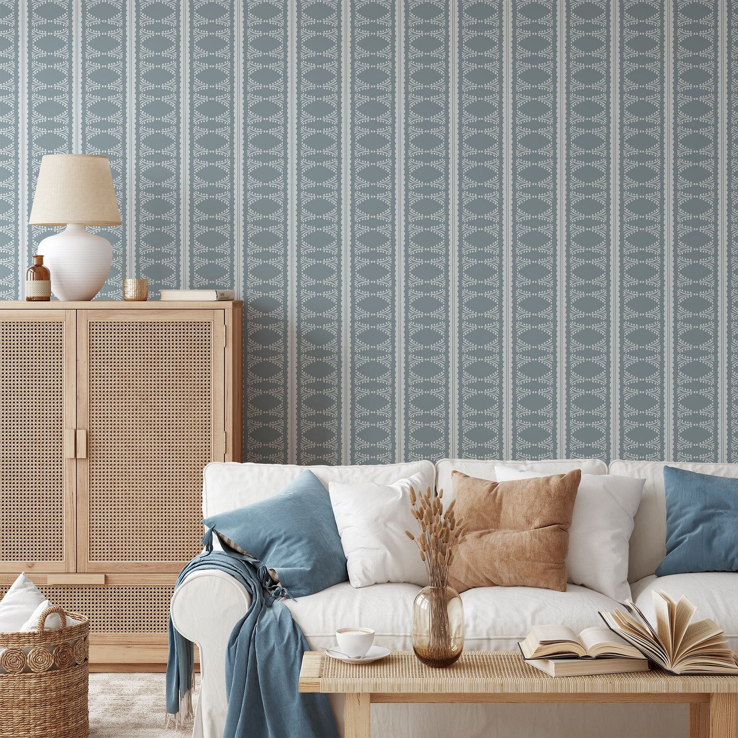 Scalloped Victorian Stripe Wallpaper in blue shown in a living room.
