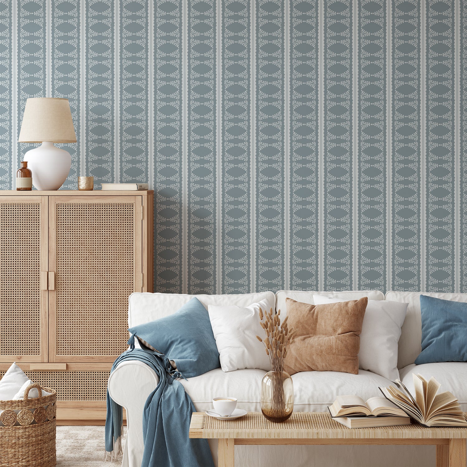 Scalloped Victorian Stripe Wallpaper in blue shown in a living room.