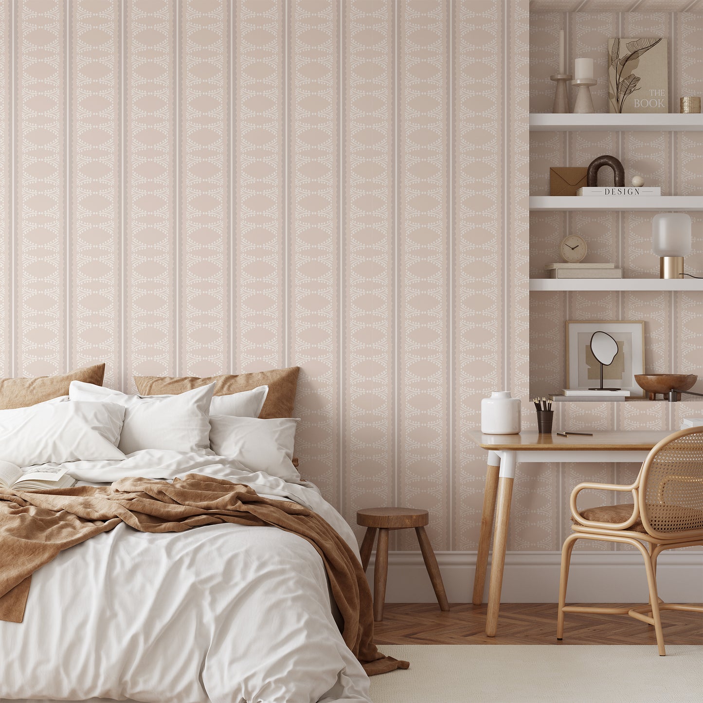 Scalloped Victorian Stripe Wallpaper in Pink shown in a girls bedroom.