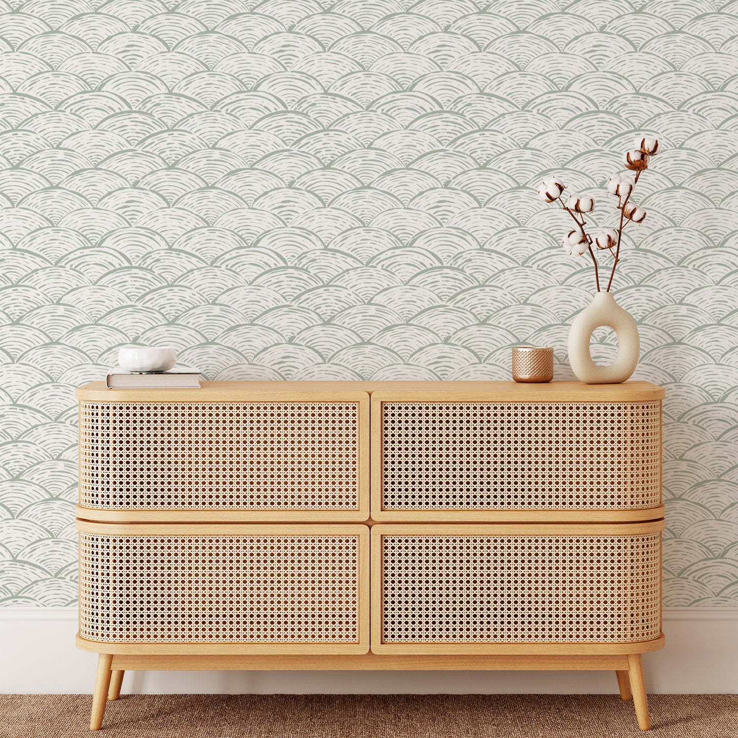 Scallops Wallpaper in Sea Green shown in an entry way.