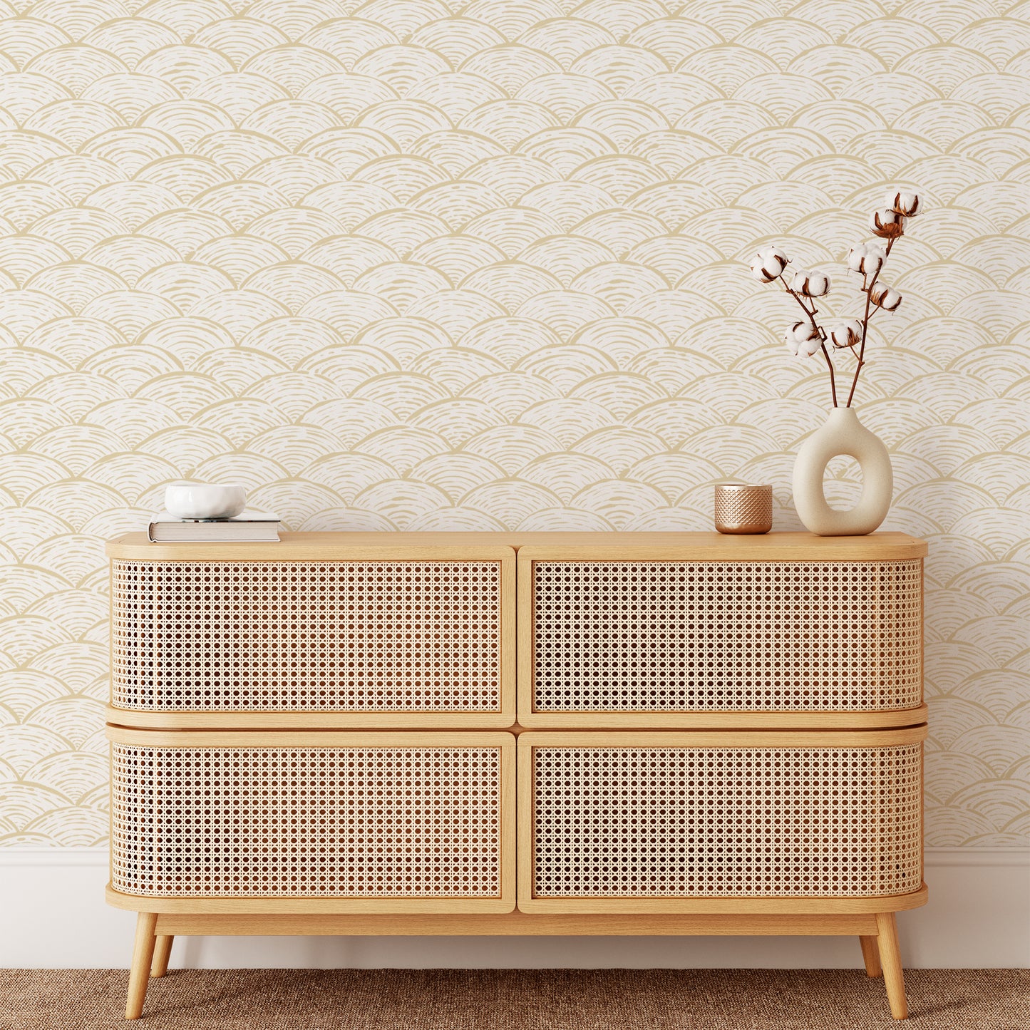 Scallops Wallpaper in Tan shown in an entry way.