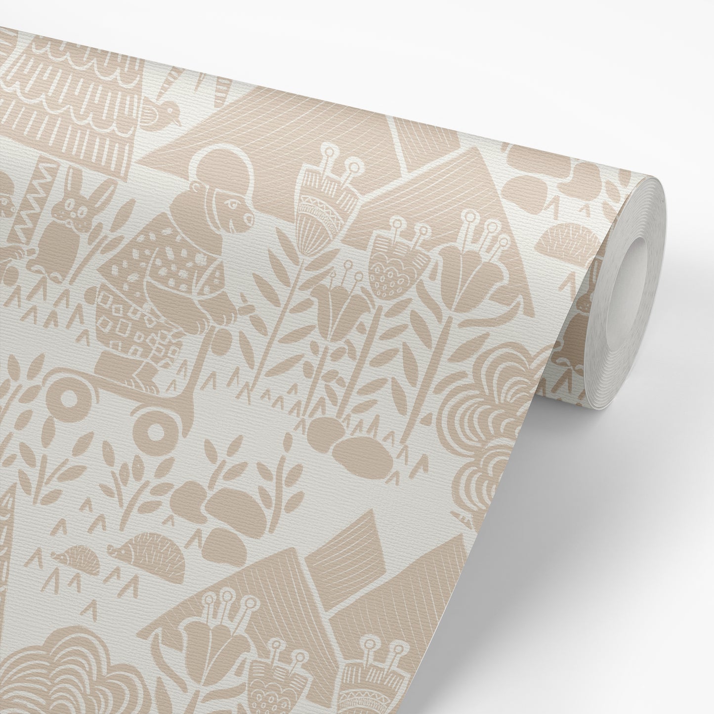 Scooting Bears Wallpaper in Sand shown on a roll of wallpaper.