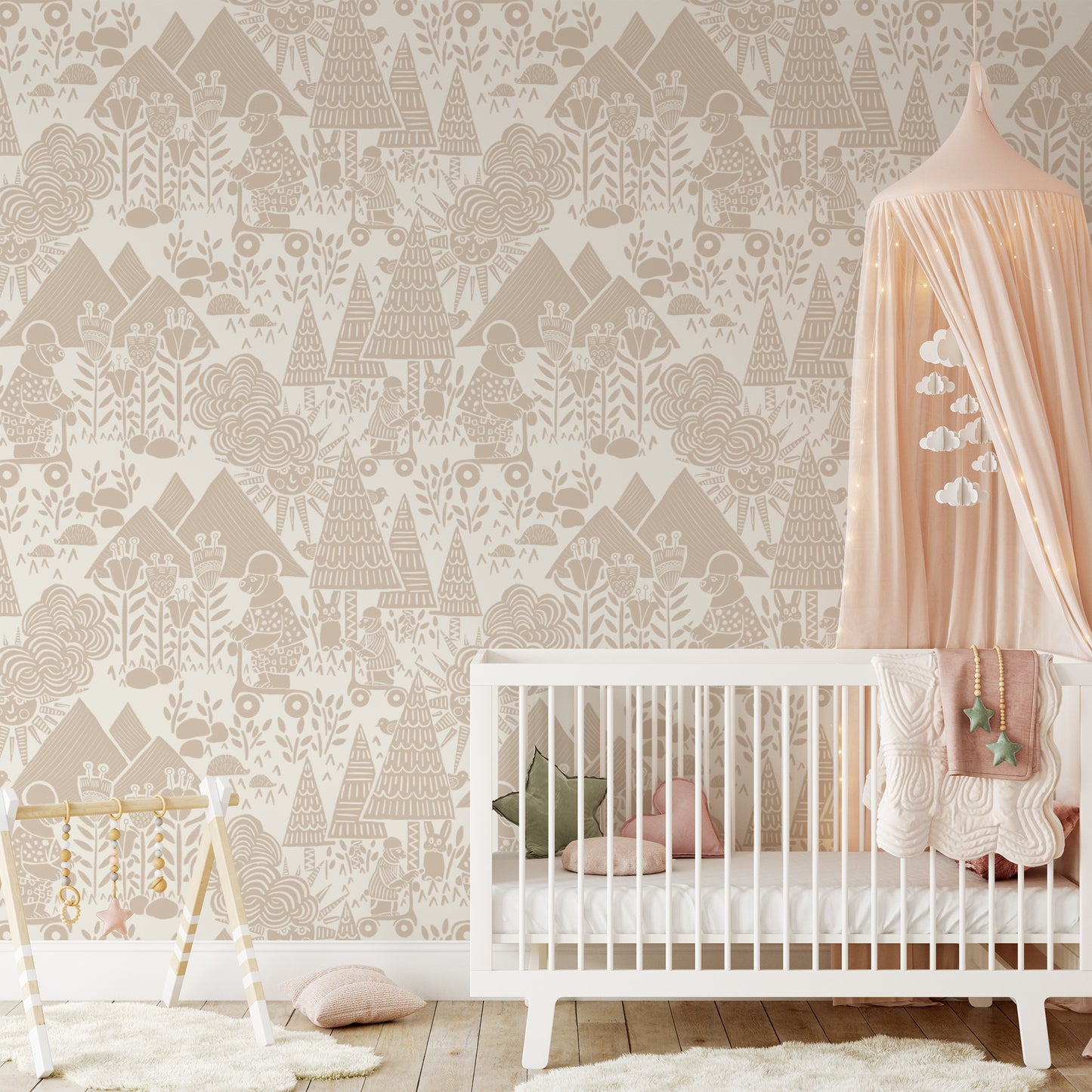 Scooting Bears Wallpaper in Sand shown in a nursery.