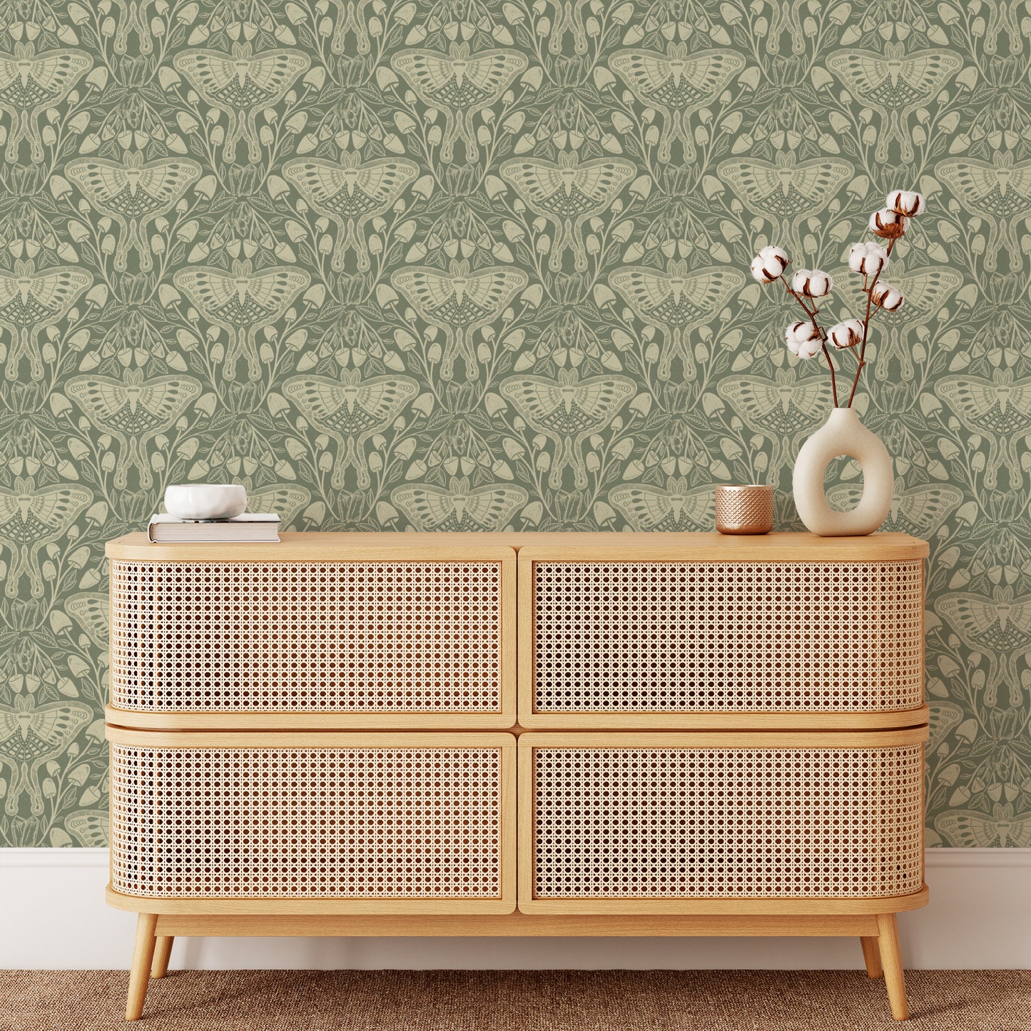 Luna Moths Wallpaper in Green shown in an entry way
